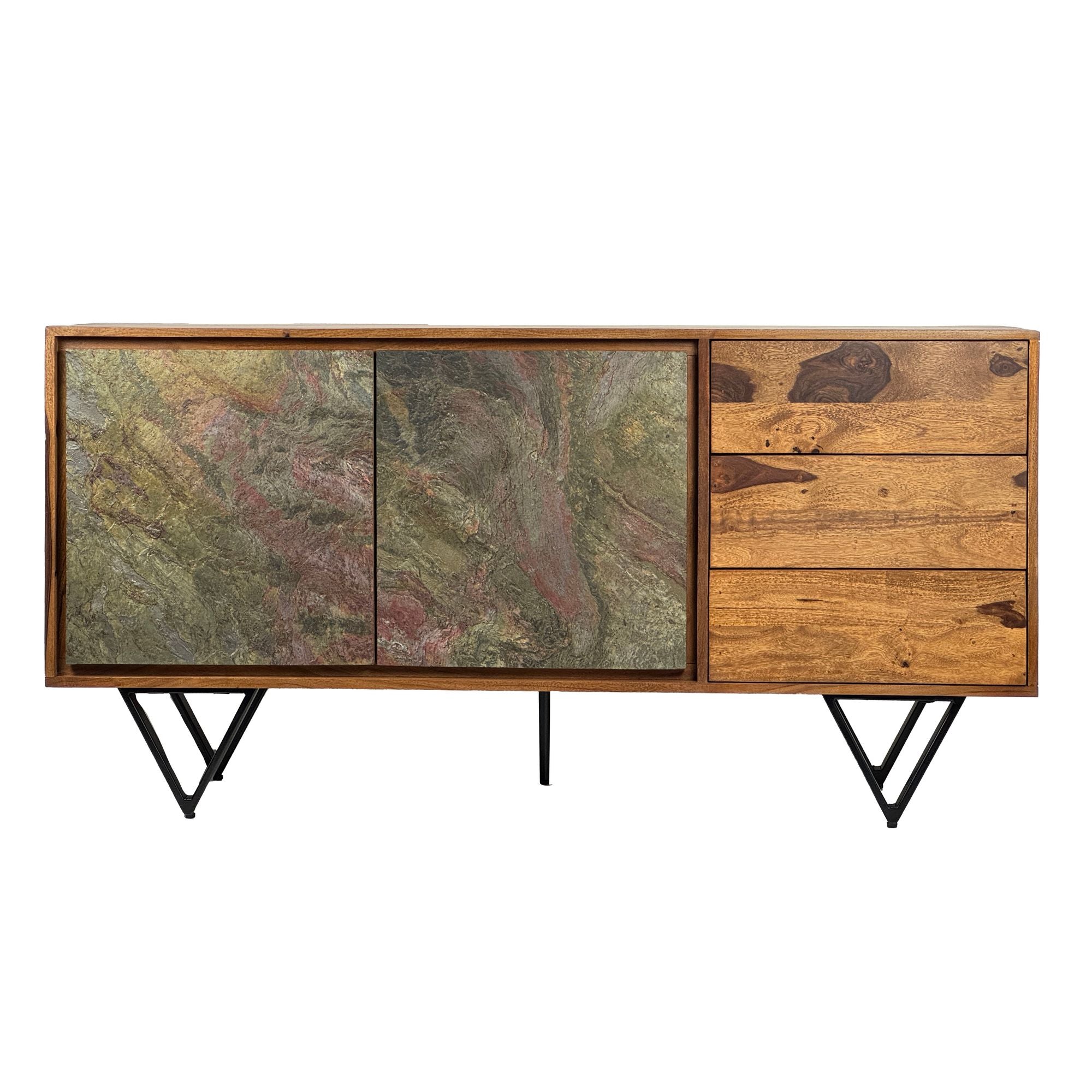 Designer skænk i massivt træ, 150x40x55 cm, 2 låger og 3 skuffer, 3D-stenlook fronter