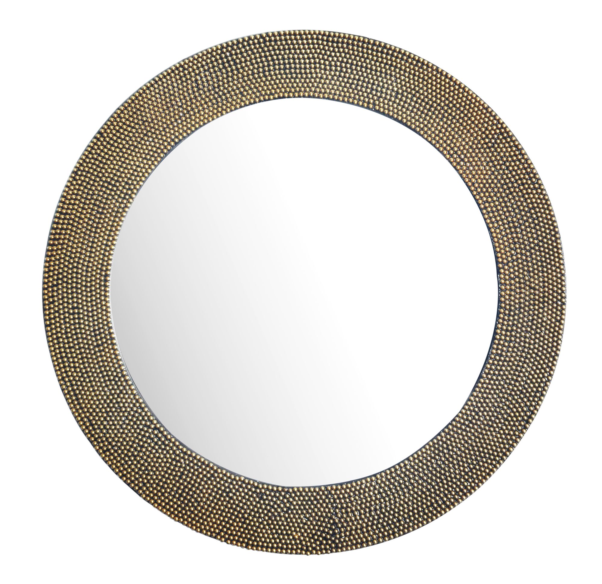 Rundt vægspejl med en delikat perleramme i guld, diameter 60 cm