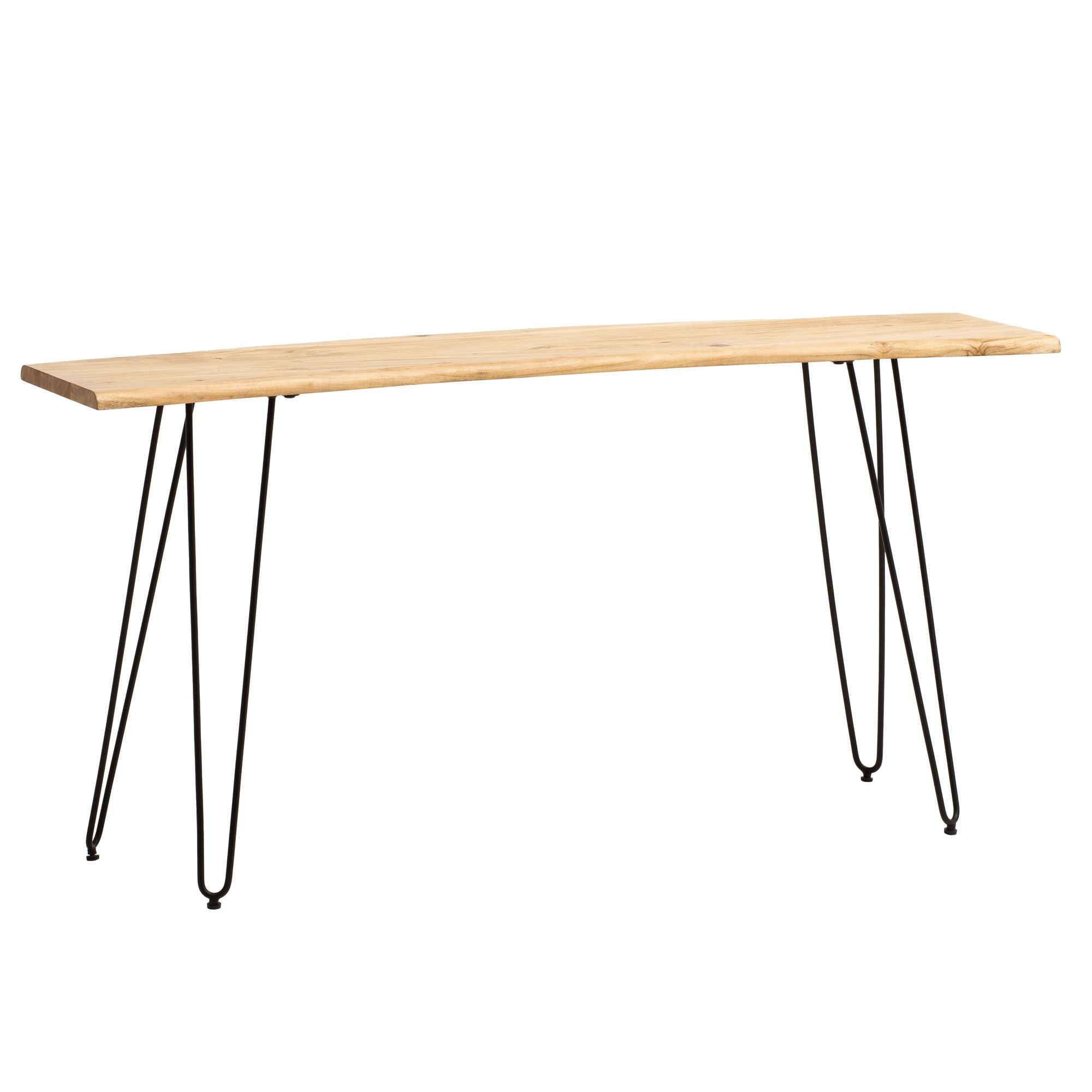 Skrivebord 150x36x75 cm, massivt akacietræ/metal, computerbord med levende kant, hjemmekontorbord, massivt træbord med hårnåleben i sort, smalt træbord, laptopbord, arbejdsværelse