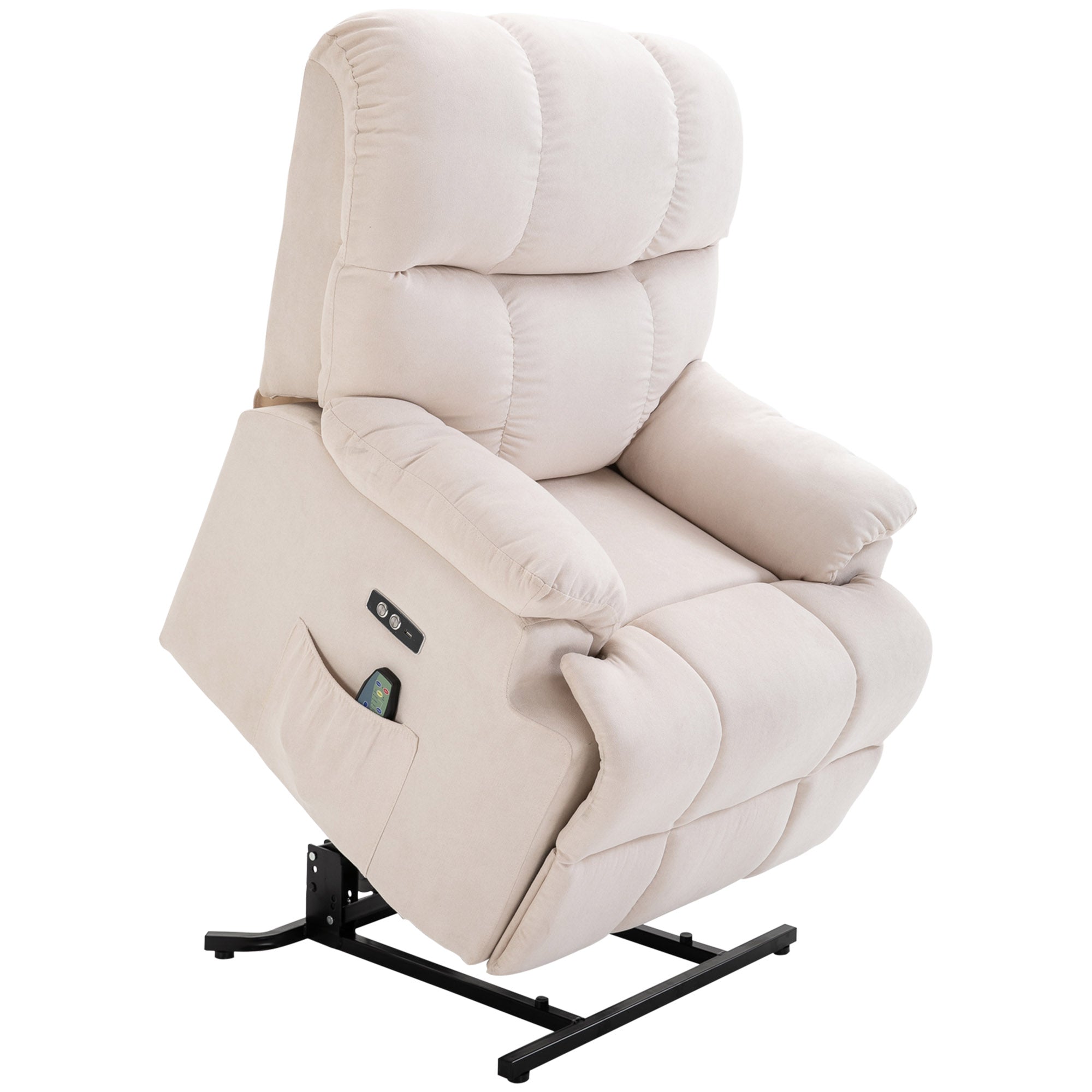 Lænestol med ståstøtte, massagestol, afslappende stol med usb-port, tv-stol med fjernbetjening, sidelomme, lænestol med fløjlslook, beige