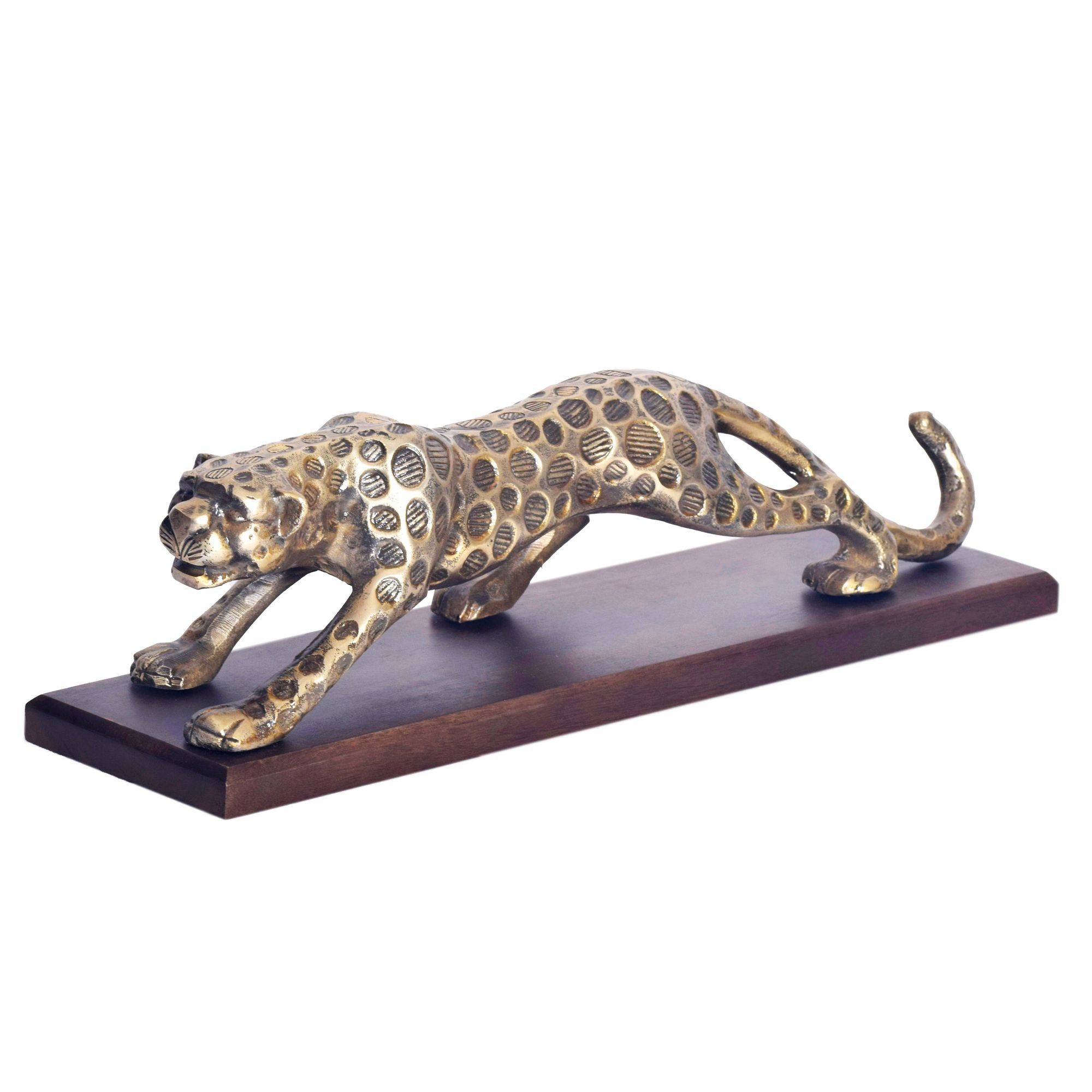 Dekorationsfigur Panter 63 cm i Guld Aluminium med Sokkel i Massivt Træ