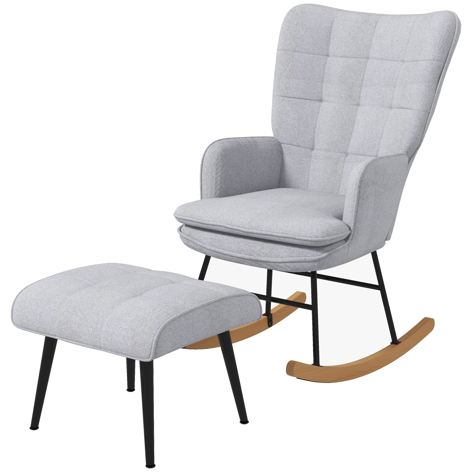 Gyngestol med fodskammel skandinavisk design gyngestol med fodskammel, bøgetræ, quiltet, 64 cm x 89 cm x 90 cm grå