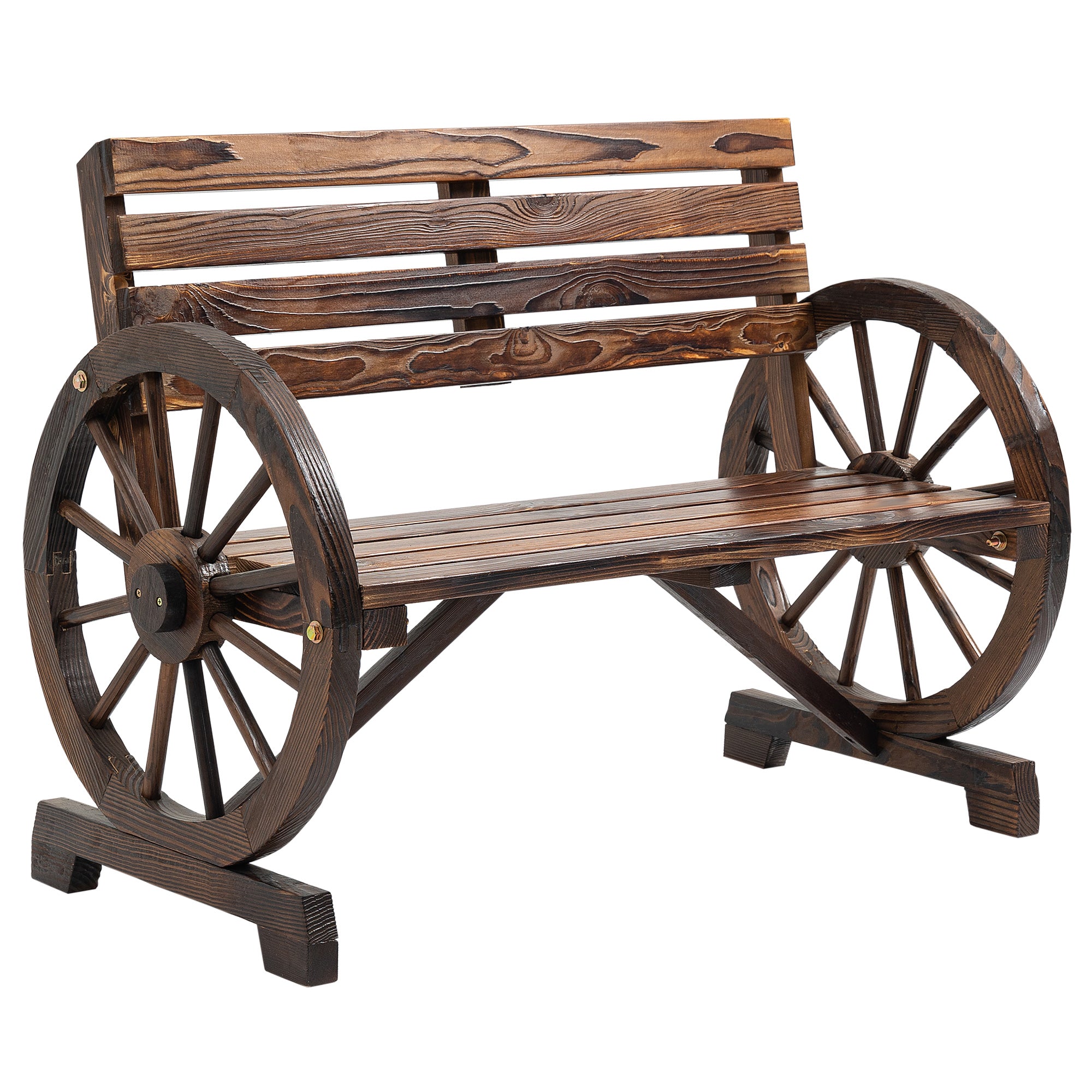 Havebænk, vognhjulsdesign, til 2 personer, naturtræ, mørkebrun, 105,5 x 56 x 79 cm