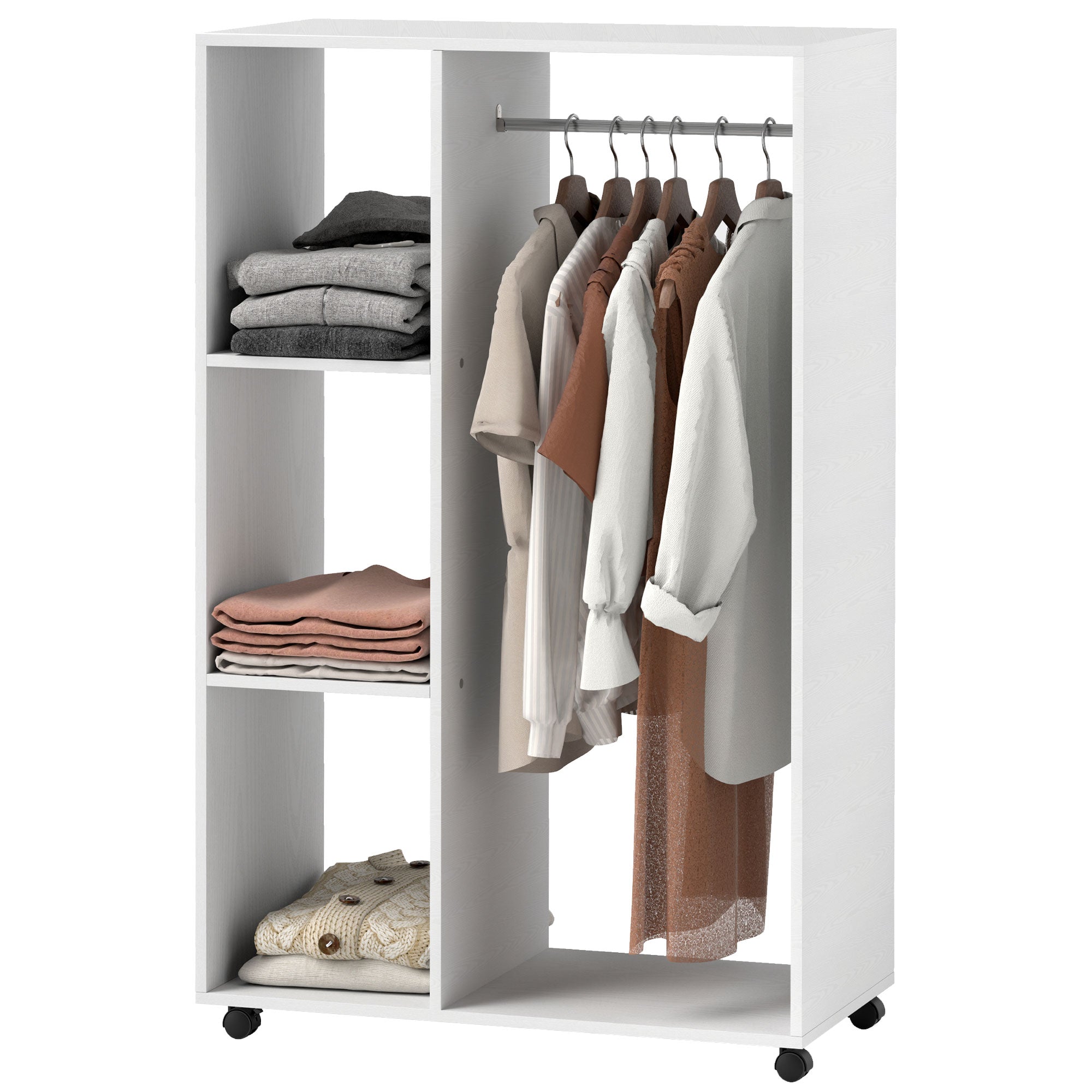 Garderobe på hjul, mobil garderobe, garderobeskab, rullende tøjstativ, 80 x 40 x 128 cm, hvid