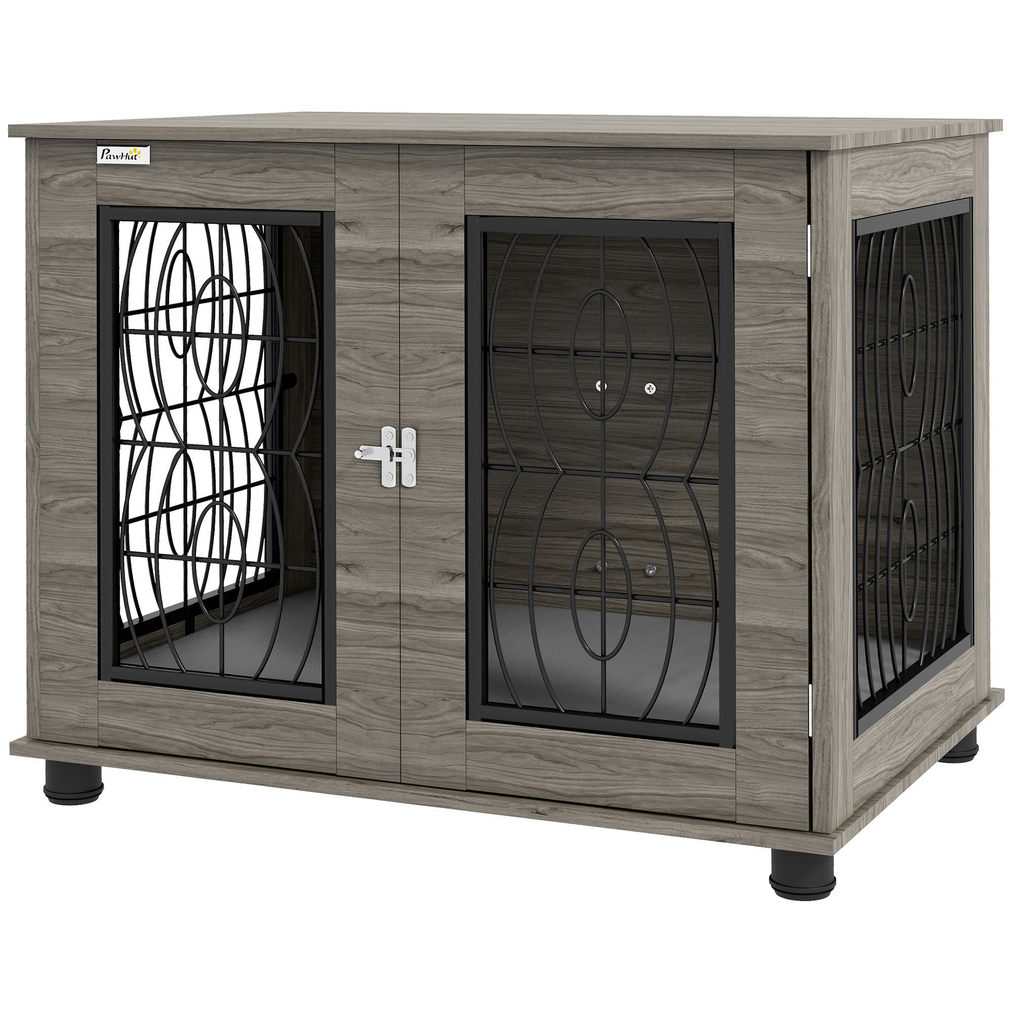 Hundebur med hynde, op til 20 kg/50 cm kropslængde, metal, 80 x 56 x 63 cm, grå/trædekoration