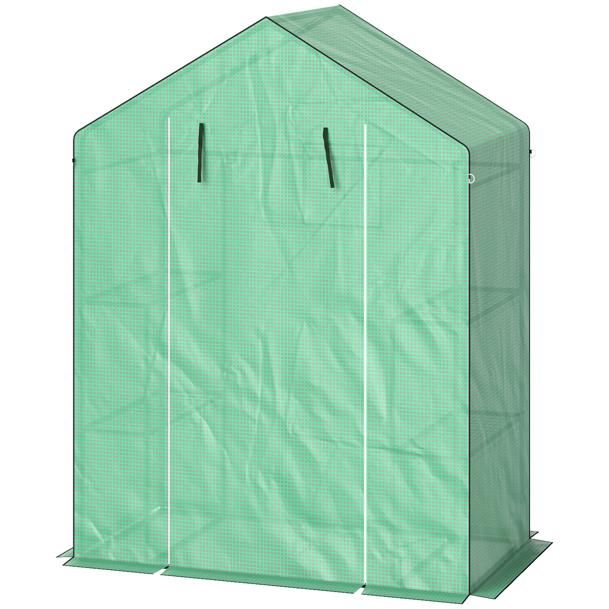 Drivhus med hylder, minidrivhus, uv-bestandigt, netvindue, lynlåsdør, 143l x 74b x 190h cm, grøn