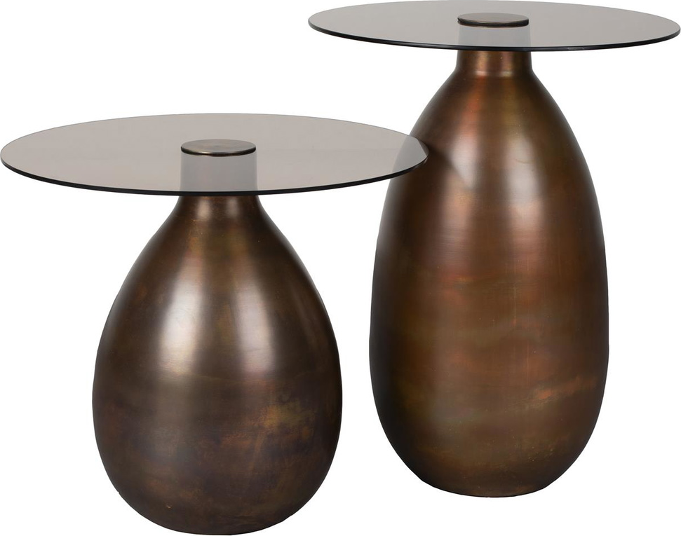 Sidebordssæt Dutchbone Selene 2 stk småborde mørkebrun emaljeret jern og røget glas Ø44 x H38 cm