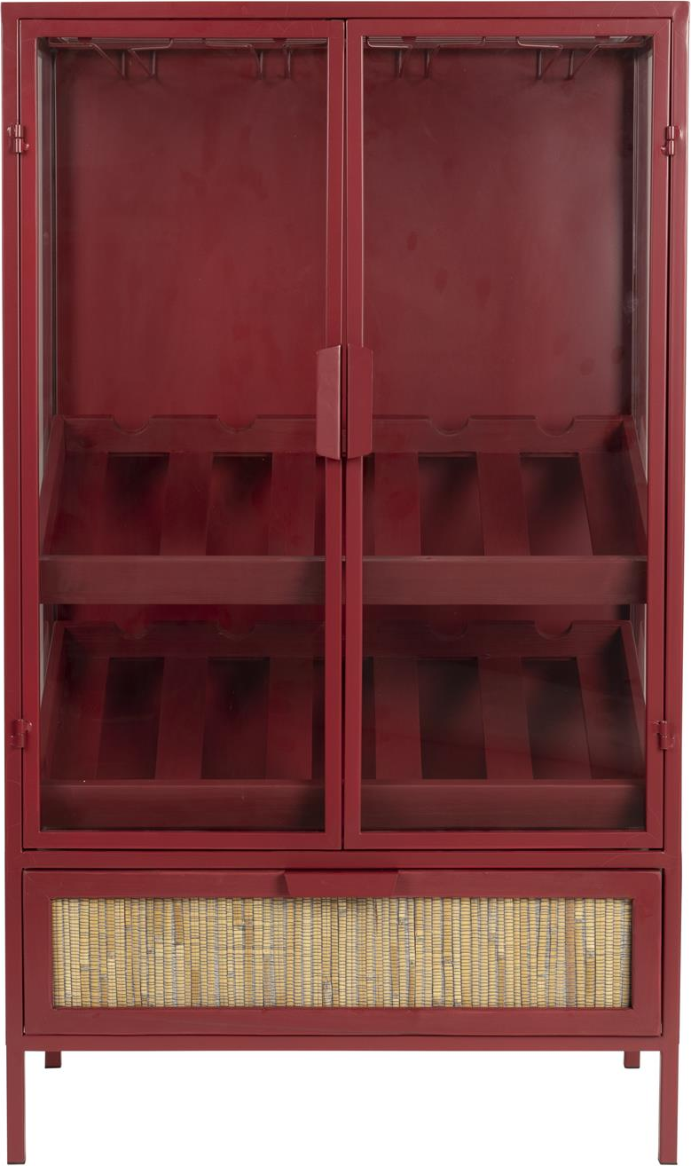 Vinskab Dutchbone Cabinet vinrød i cyprestræ & jern H103 x B35 x L605 cm med glasdøre & rattan skuffe