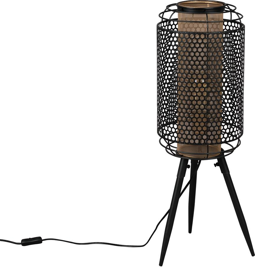 Gulvlampe Dutchbone Archer i antracitfarvet jern med dobbeltskærm & hexagonmønster samt messingfarvet indvendig skærm for varmt hvidt lys H71 cm