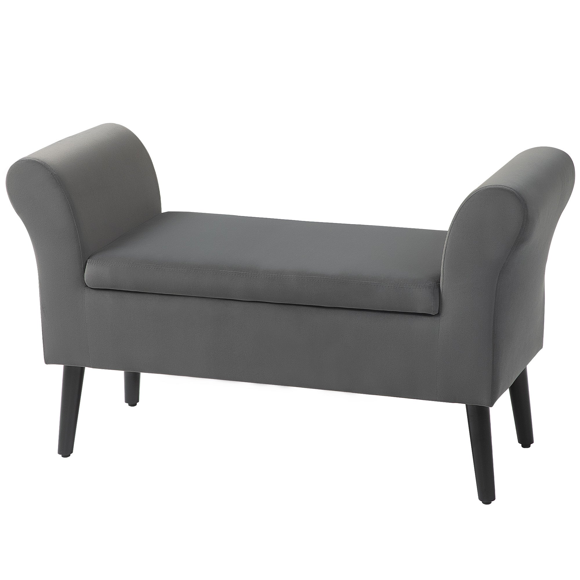 Polstret bænk med opbevaringsplads, kommodebænk med armlæn, 46 cm sædehøjde, fløjlspolyester, 111,5 x 41 x 65 cm, mørkegrå
