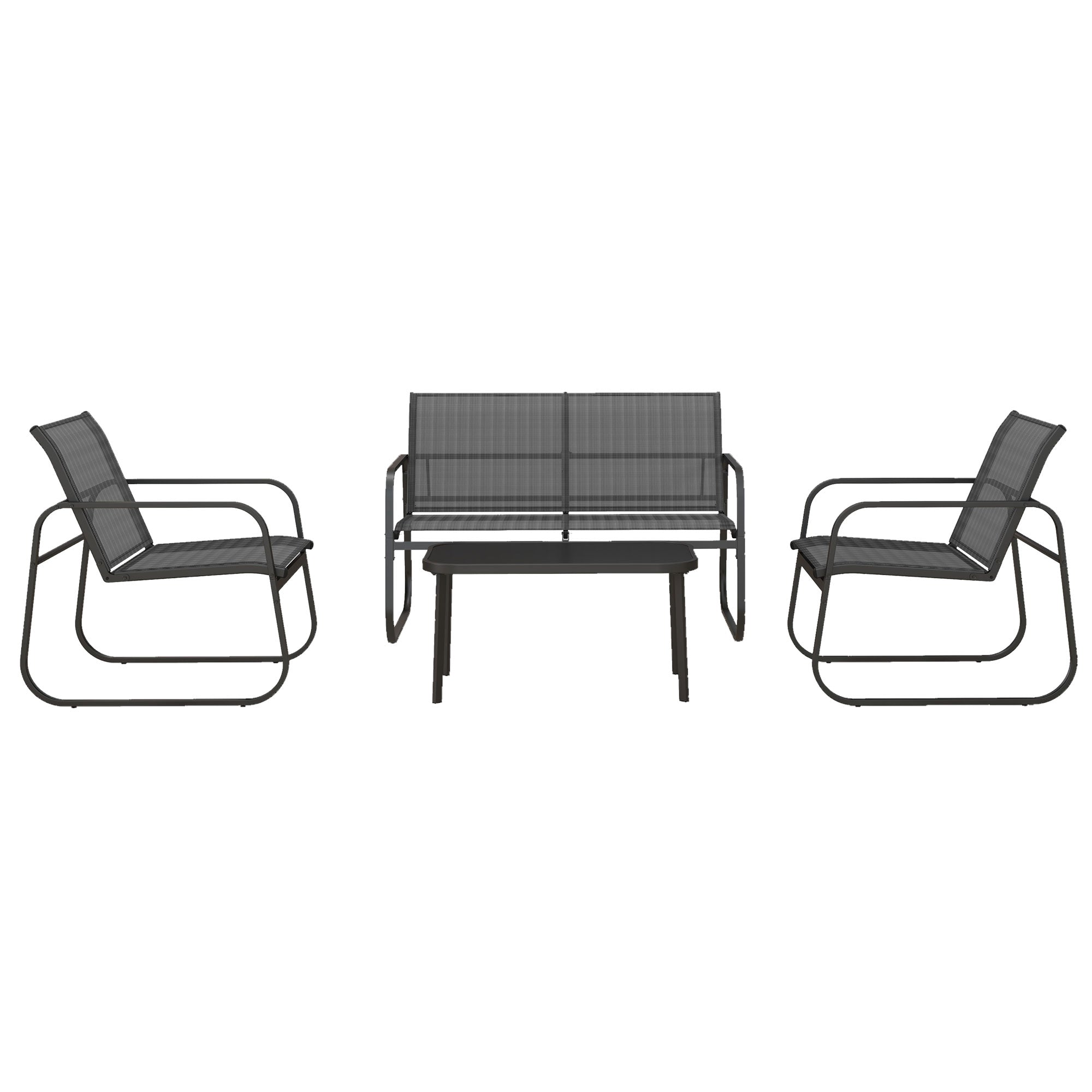 Havemøbelsæt med 4 dele, 2 lænestole, 2-personers sofa, glasbord, åndbart stof, metalstel, sort
