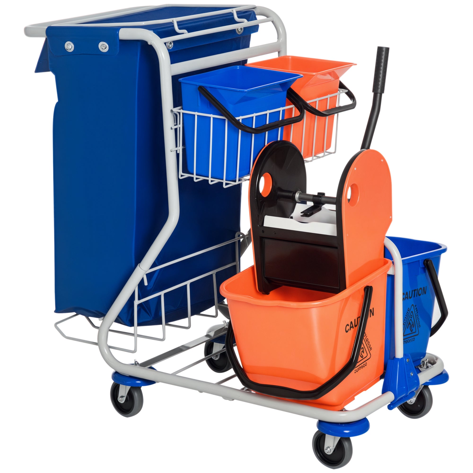 Rengøringsvogn med 2 x 18L og 2 x 6L spande, moppevogn, husholdningsvogn med moppepresse, opbevaringskurv, blå/orange, 93 x 80 x 97 cm