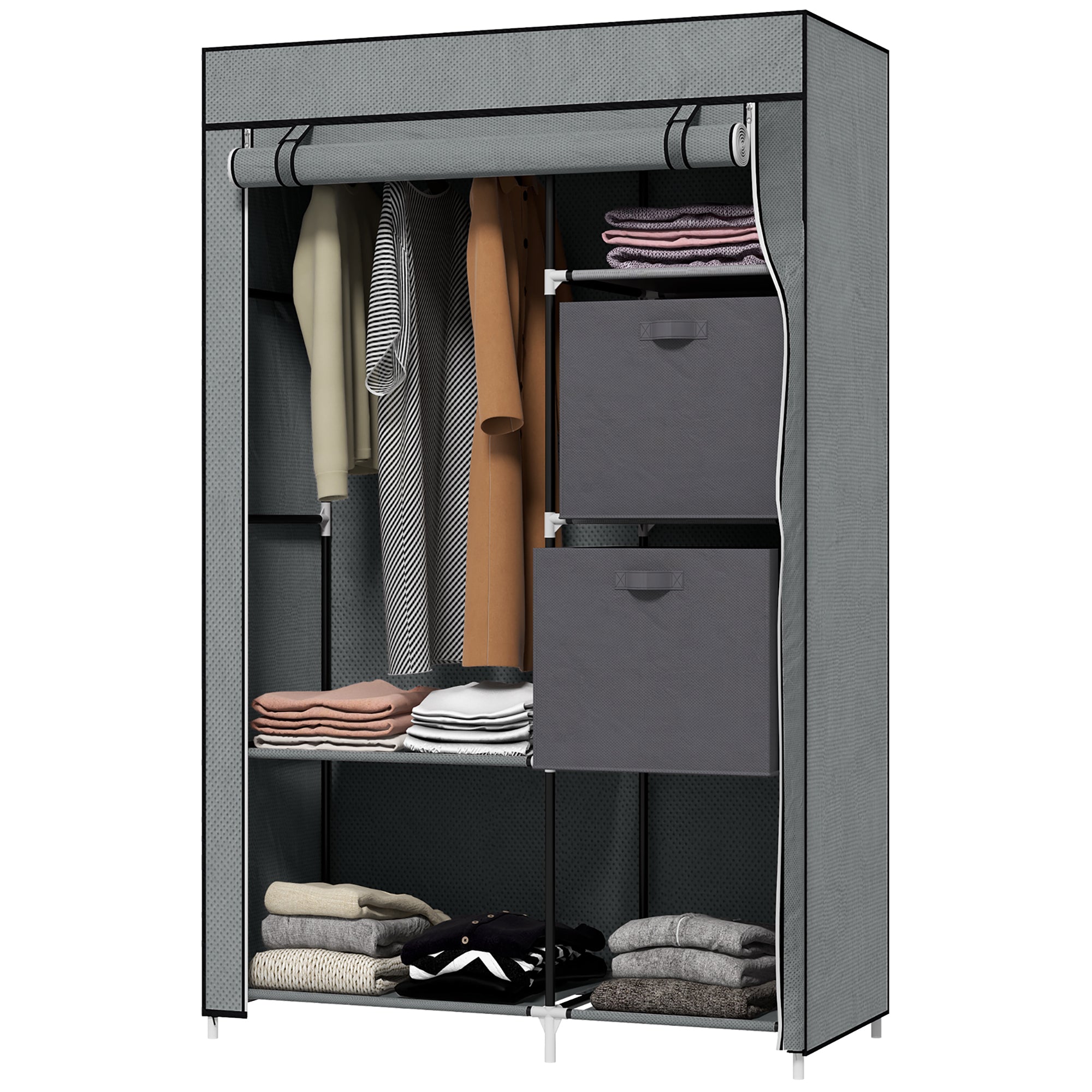 Stofgarderobe foldbart skab, 1 bøjlestang, 6 hylder, 102 x 42,5 x 162,5 cm, grå