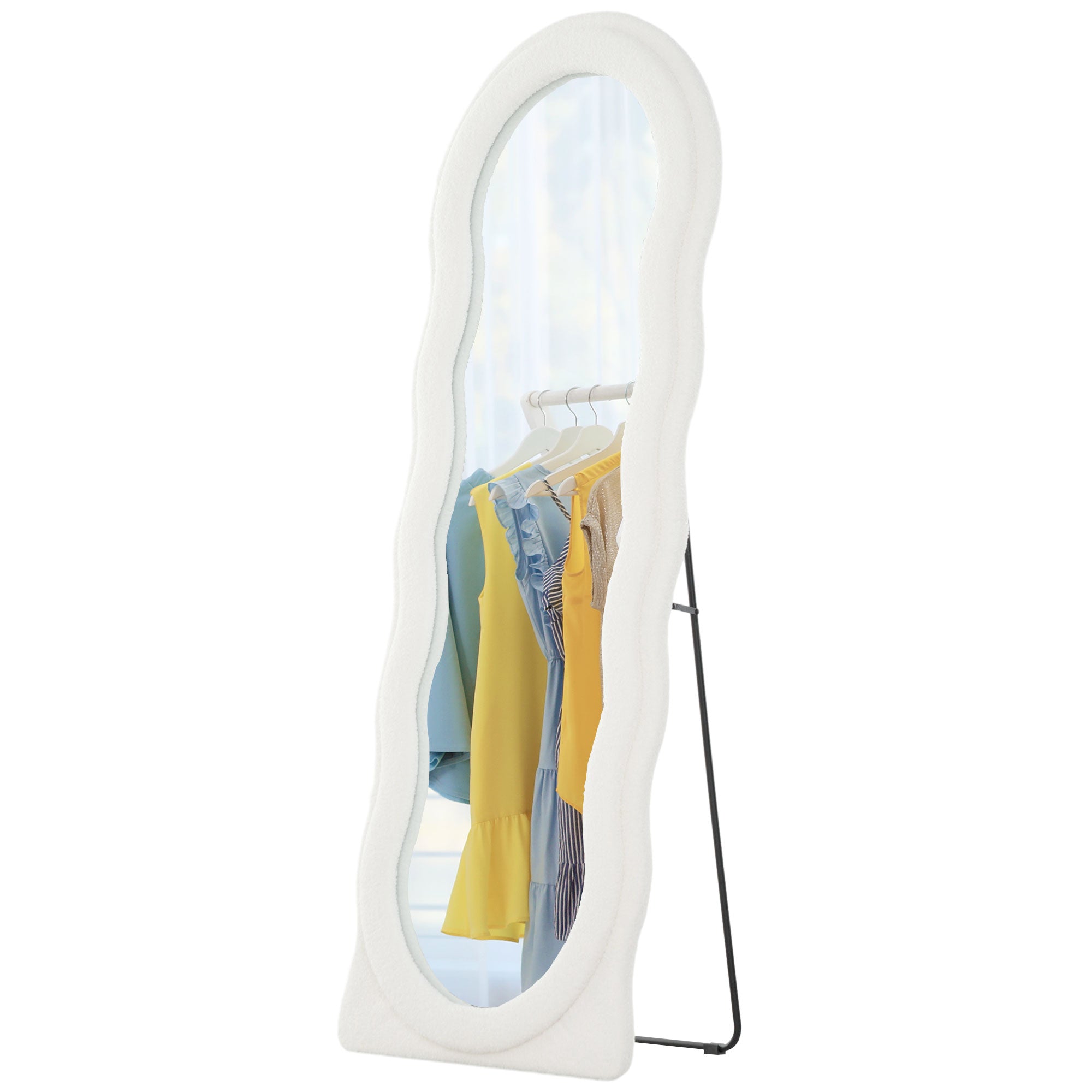 Spejl i fuld længde 160 x 60 cm buet stående spejl med bølgedesign brudsikkert glas hvidt
