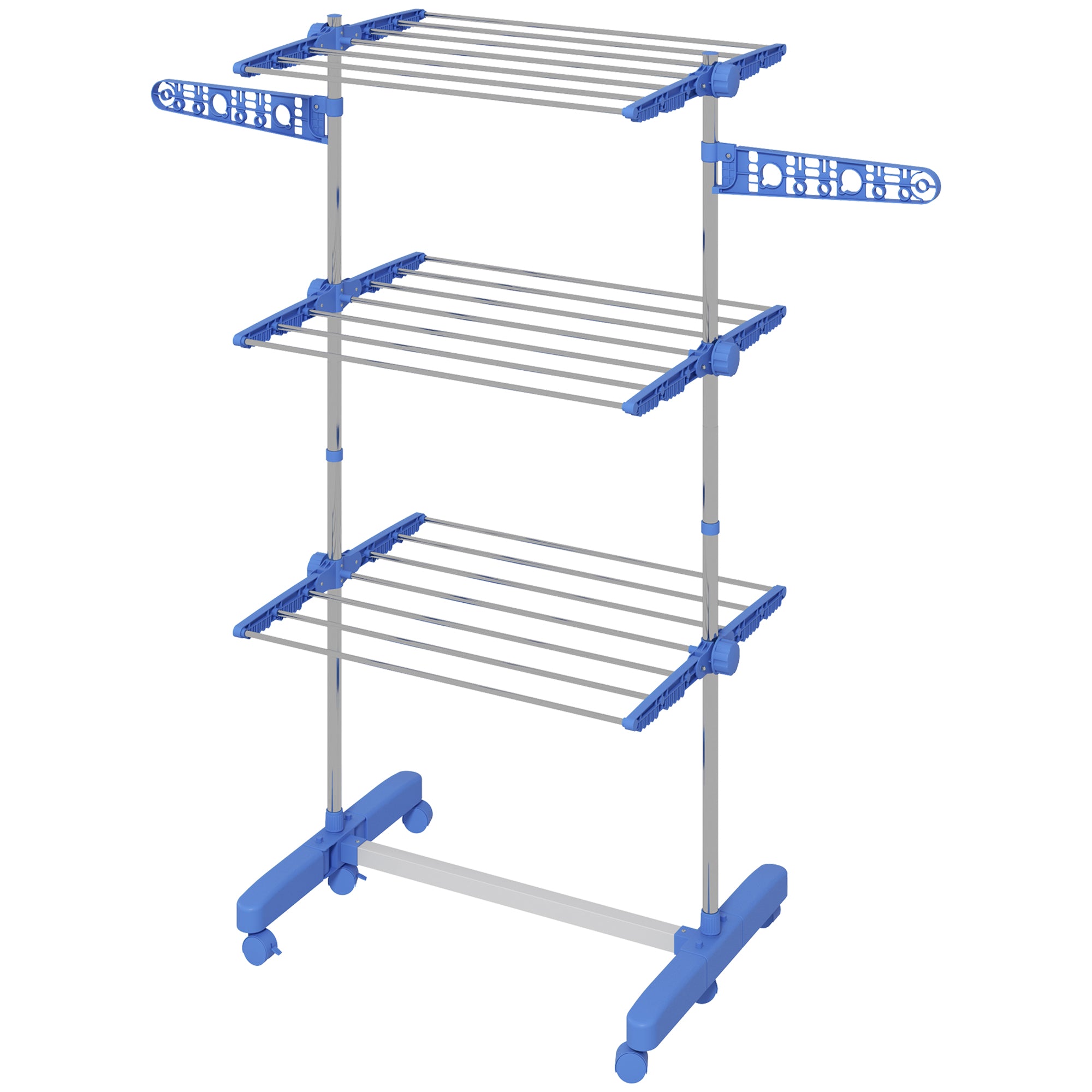 Tørrestativ. 4 niveauer, foldbar, et-klik-system, 142 cm x 55 cm x 152 cm, blå + sølv