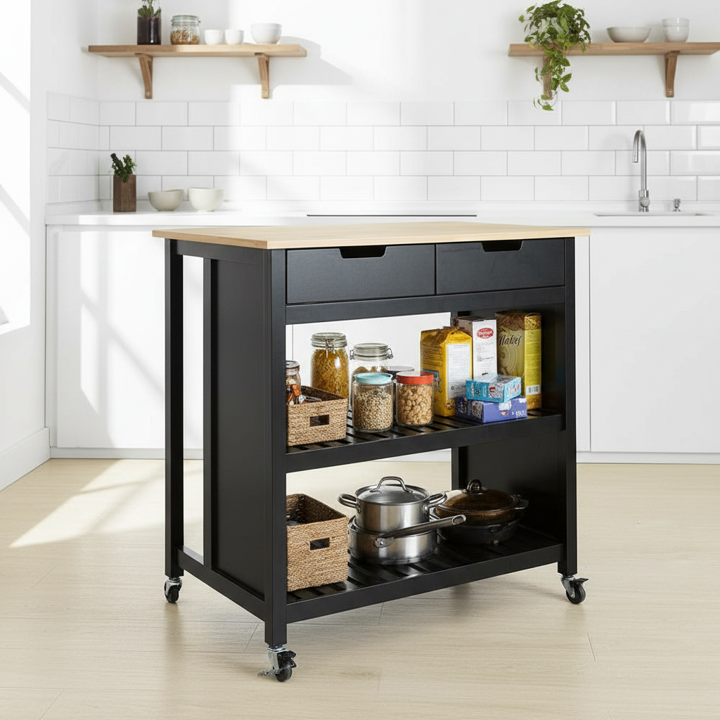 Køkkenø på Hjul med 2 Skuffer  -  100x60x94 cm Sort | Hevea Træbordplade