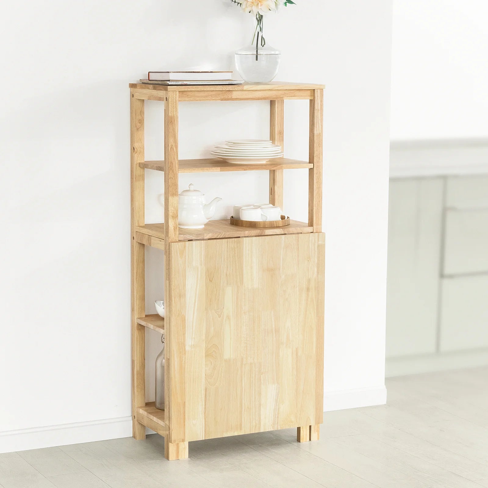 Reol med spisebord, pladsbesparende og multifunktionelt møbel, B98 x D60 x H126 cm, naturfarvet