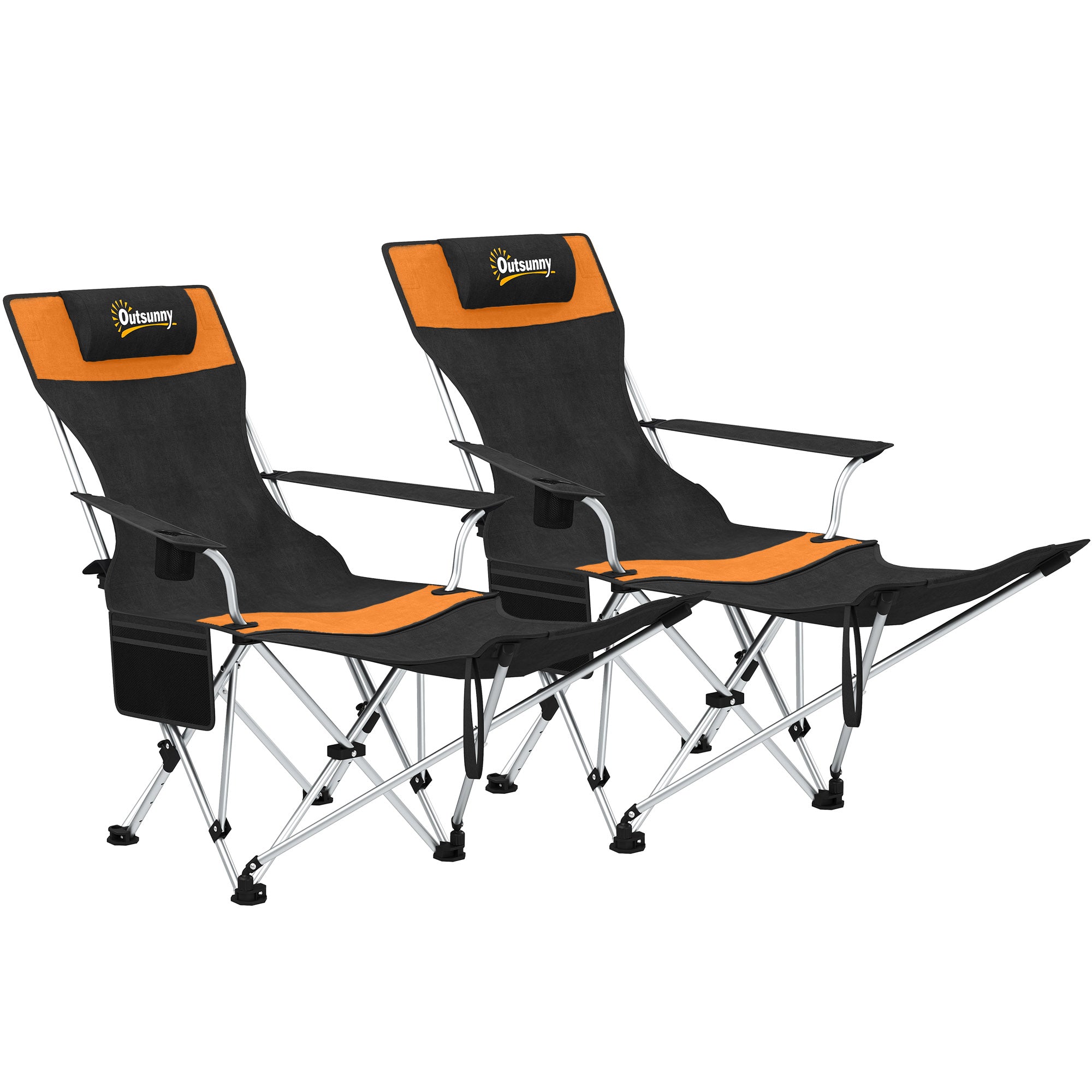 Sæt med 2 foldbare campingstole/fiskestole med aftagelig fodstøtte og kopholder, lasteevne 120 kg, orange