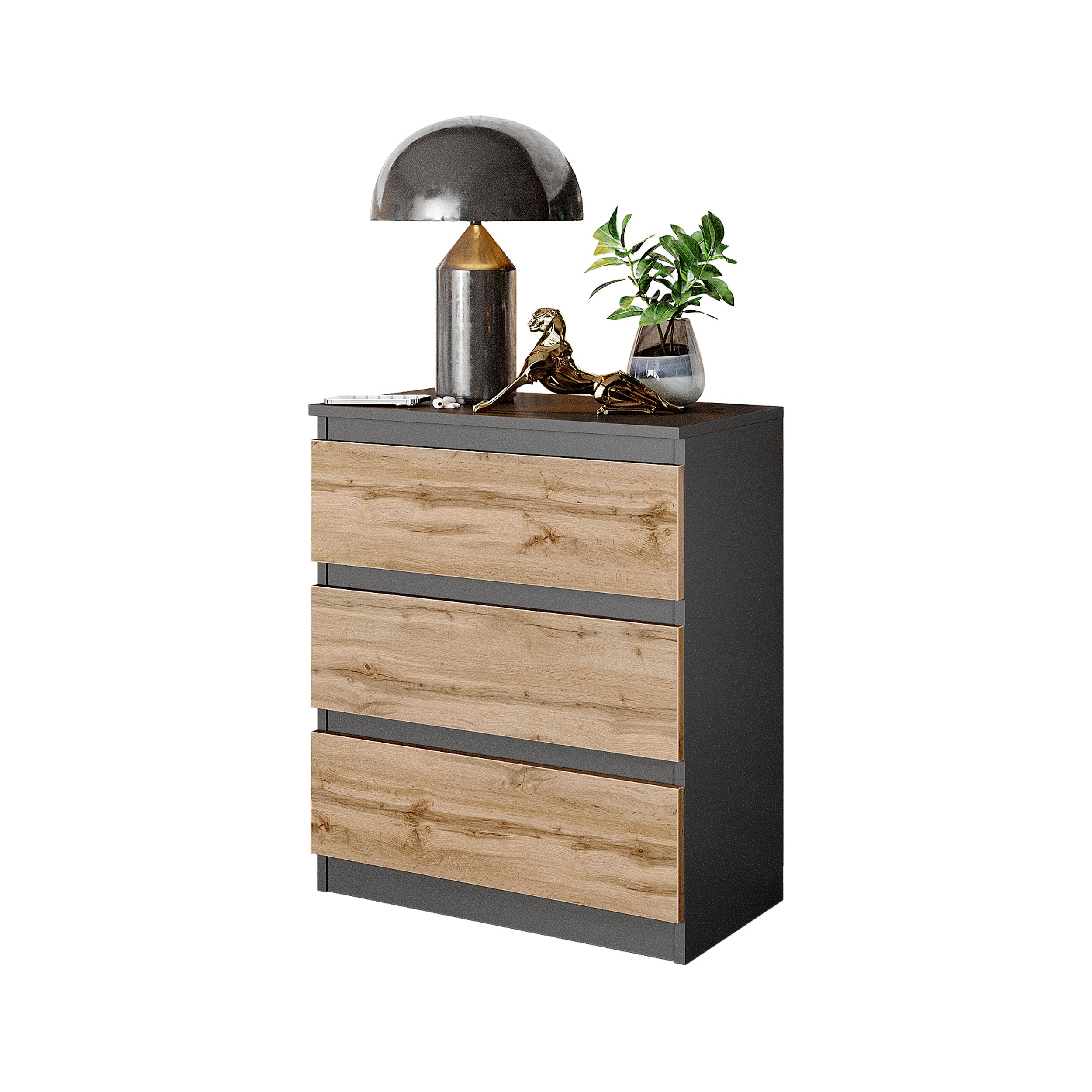 GABRIEL - Natbord / sengebord med 3 skuffer - Antracitgrå / Wotan Eg - H72cm B60cm D33cm