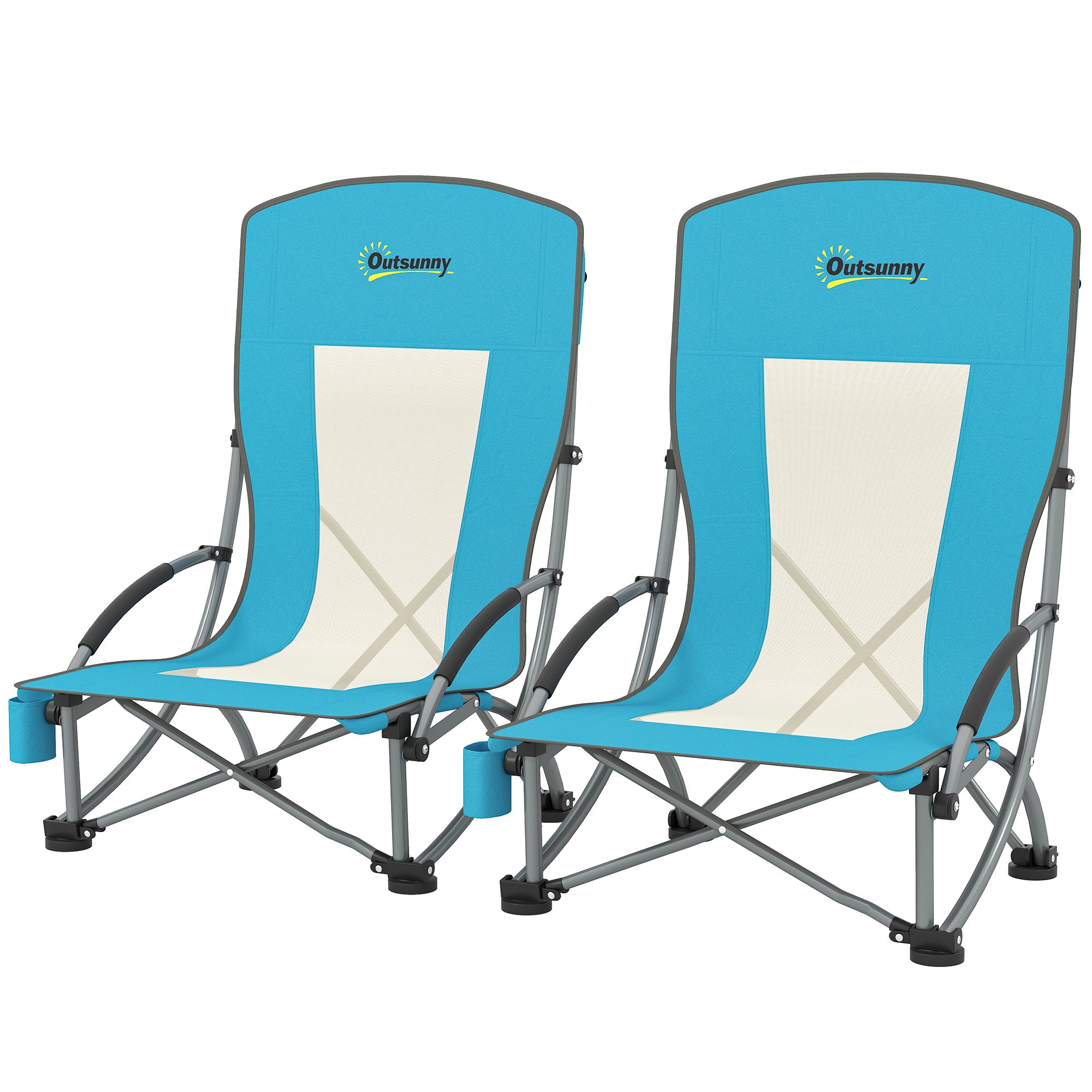 Sæt med 2 foldbare campingstole med kopholder og ryglæn i net, blå