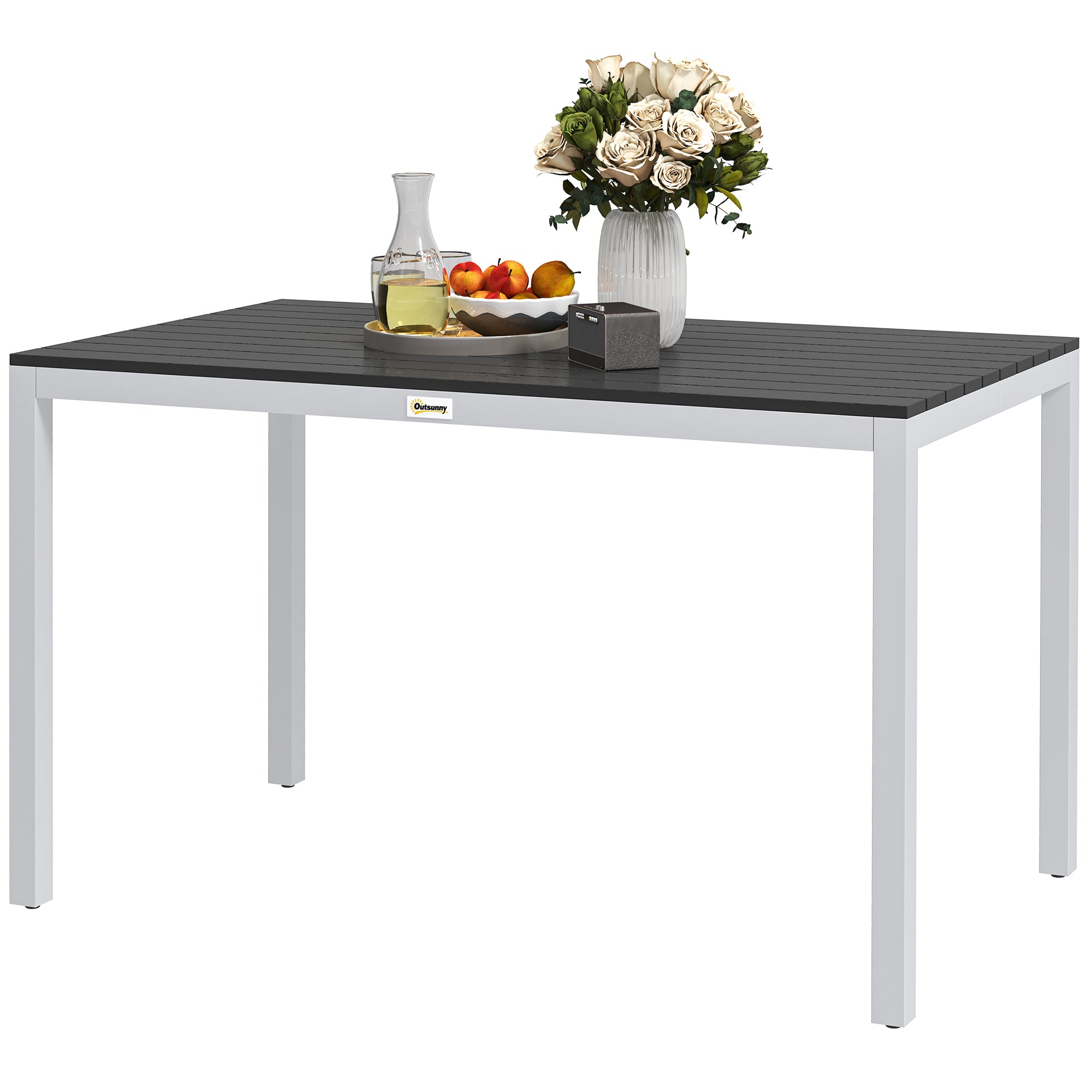 Aluminium havebord, 120x70 cm, vejrbestandigt, balkonbord med trælook, til 4-6 personer, sort