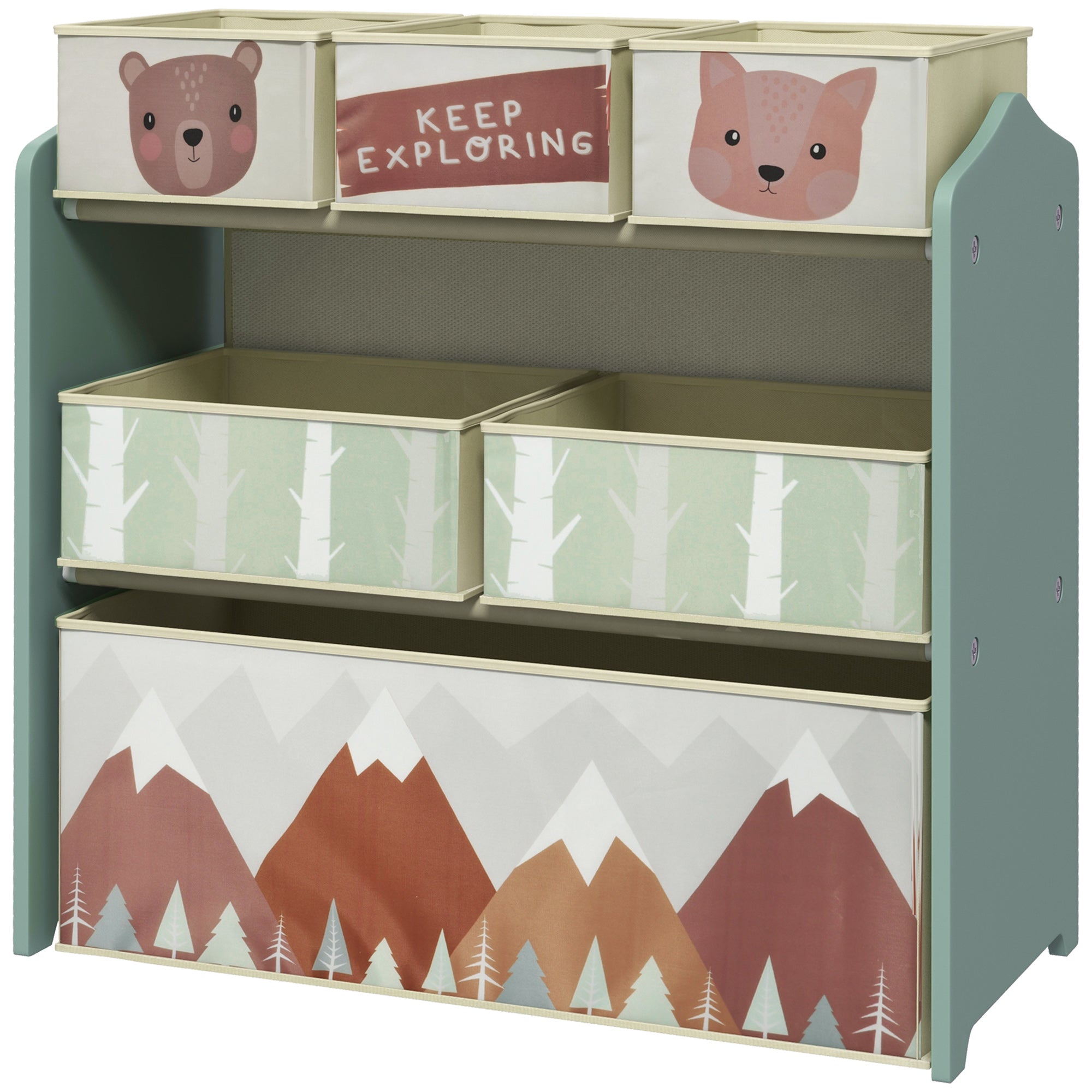 Zonekiz børnegarderobe med 6 stofkasser, sødt motiv, 63x30x66 cm, grøn