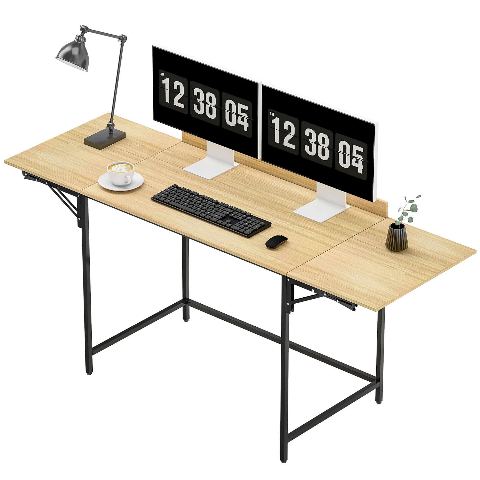 Foldbart computerbord med 2 forlængerpaneler, masser af plads til skærme, metalben, robust konstruktion, eg+sort