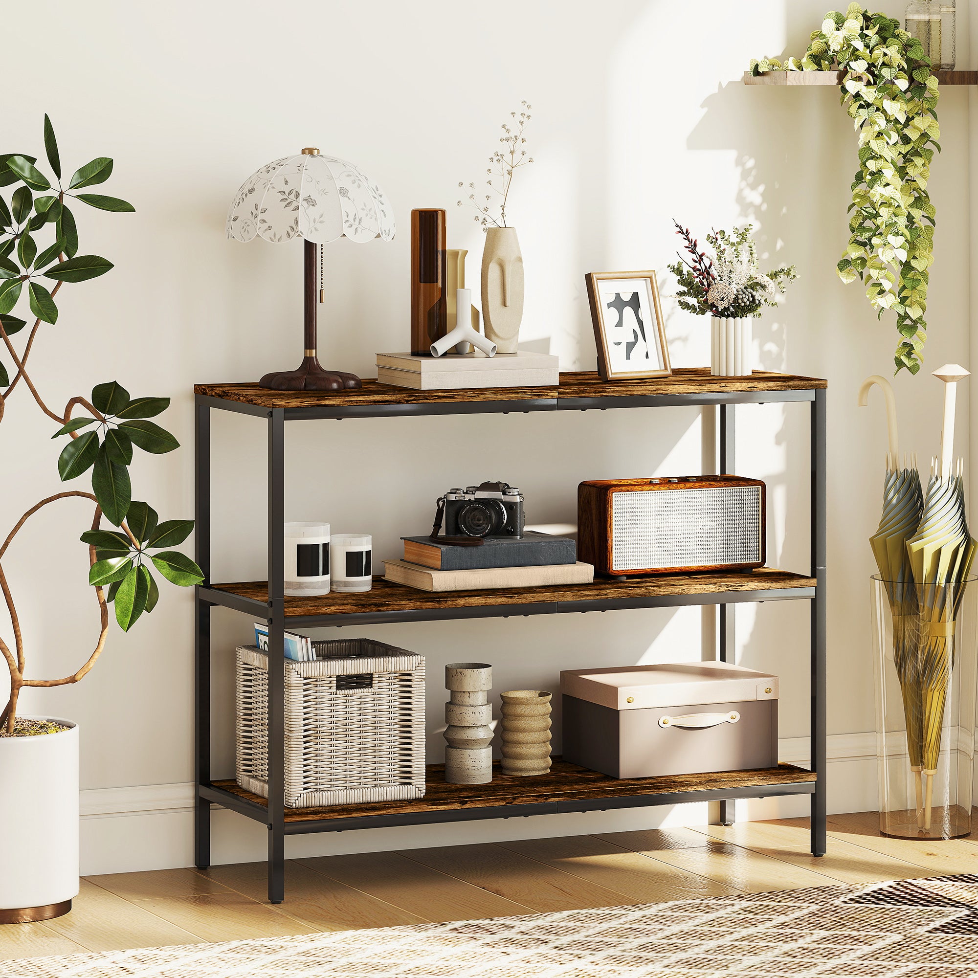 Konsolbord, sidebord med 3-lags hylde, spånplade, metal, lysebrun