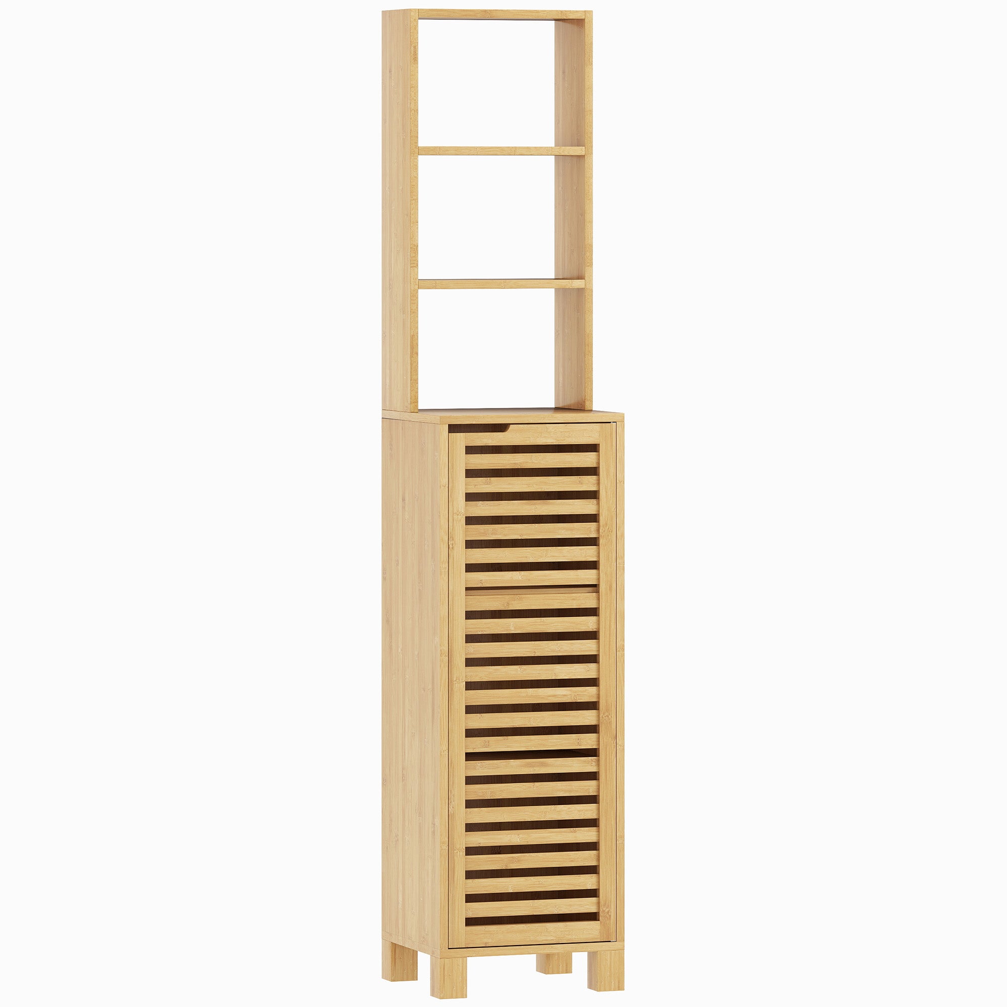 Smalt badeværelsesskab, højt skab med 3 åbne hylder, justerbare hylder, lameldør, 34 x 30 x 170 cm, naturlig finish