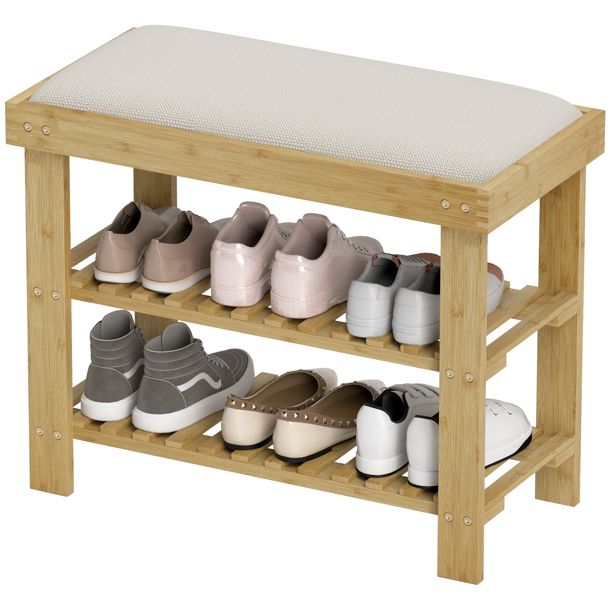 Skobænk, bambusbænk med opbevaring, 2 åbne rum, bænk 60 x 29 x 49 cm creme-hvid hynde