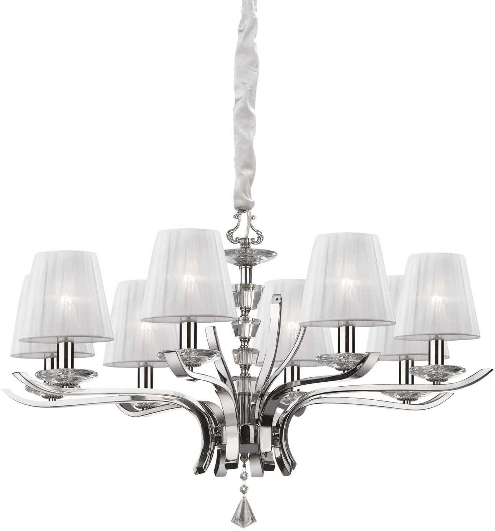 Pendellampe Ideal Lux Pegaso Ø76 cm justerbar hvid/krom loftlampe med organza-skærme og krystaldetaljer