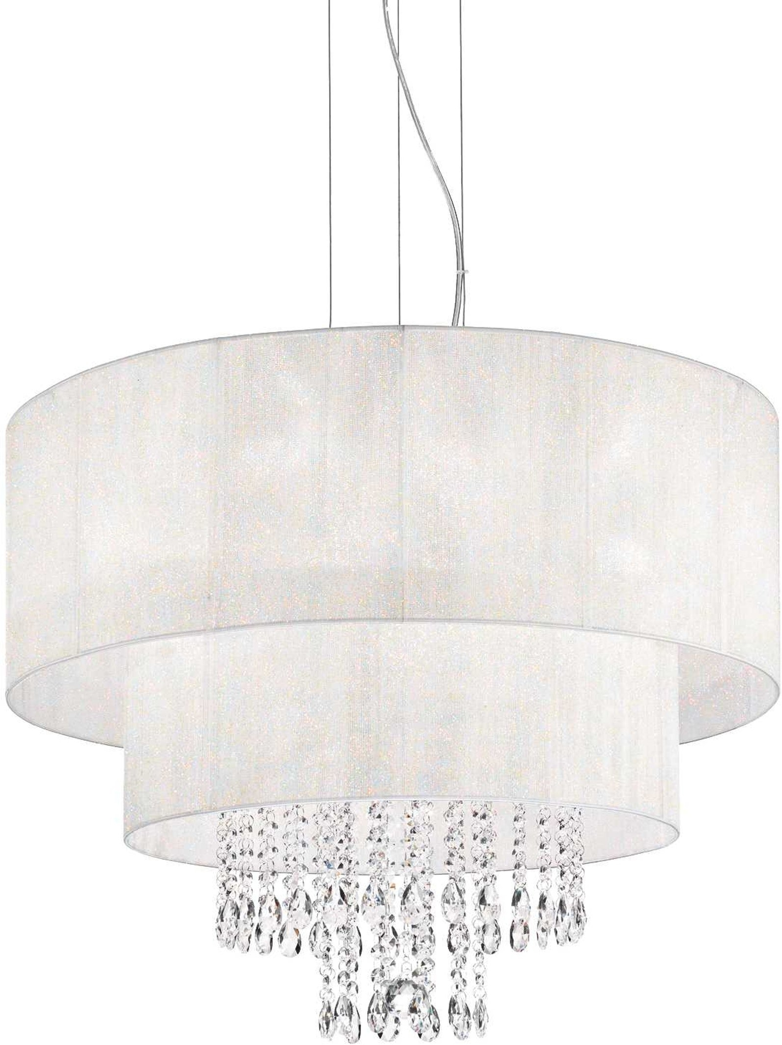 Pendellampe Ideal Lux Opera Ø71 cm H68-120 cm krom hvid med krystalvedhæng 6 x E27