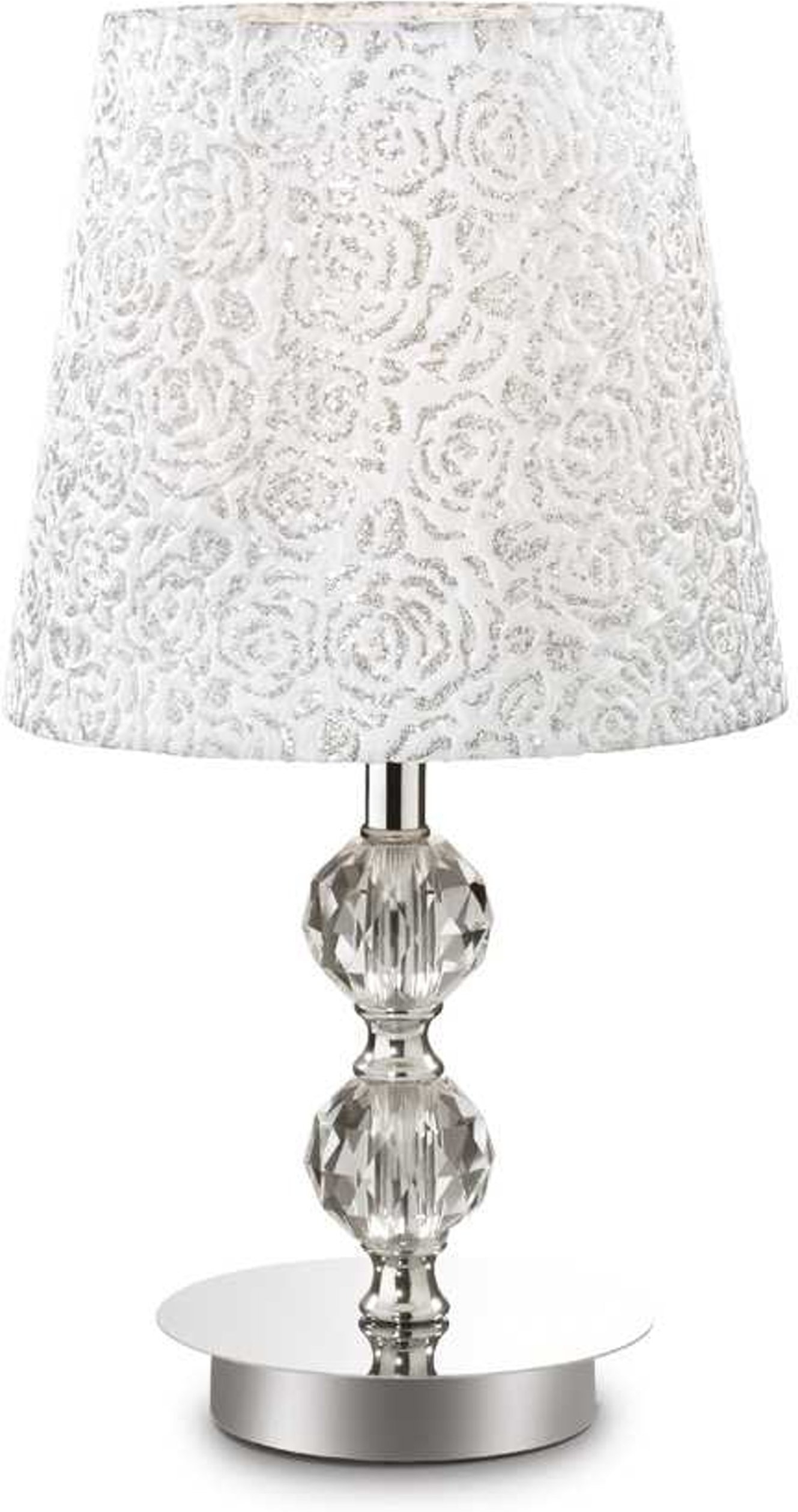 Bordlampe Ideal Lux Le Roy i krom med mønstret glas- og stofskærm Ø20 x H36,5 cm