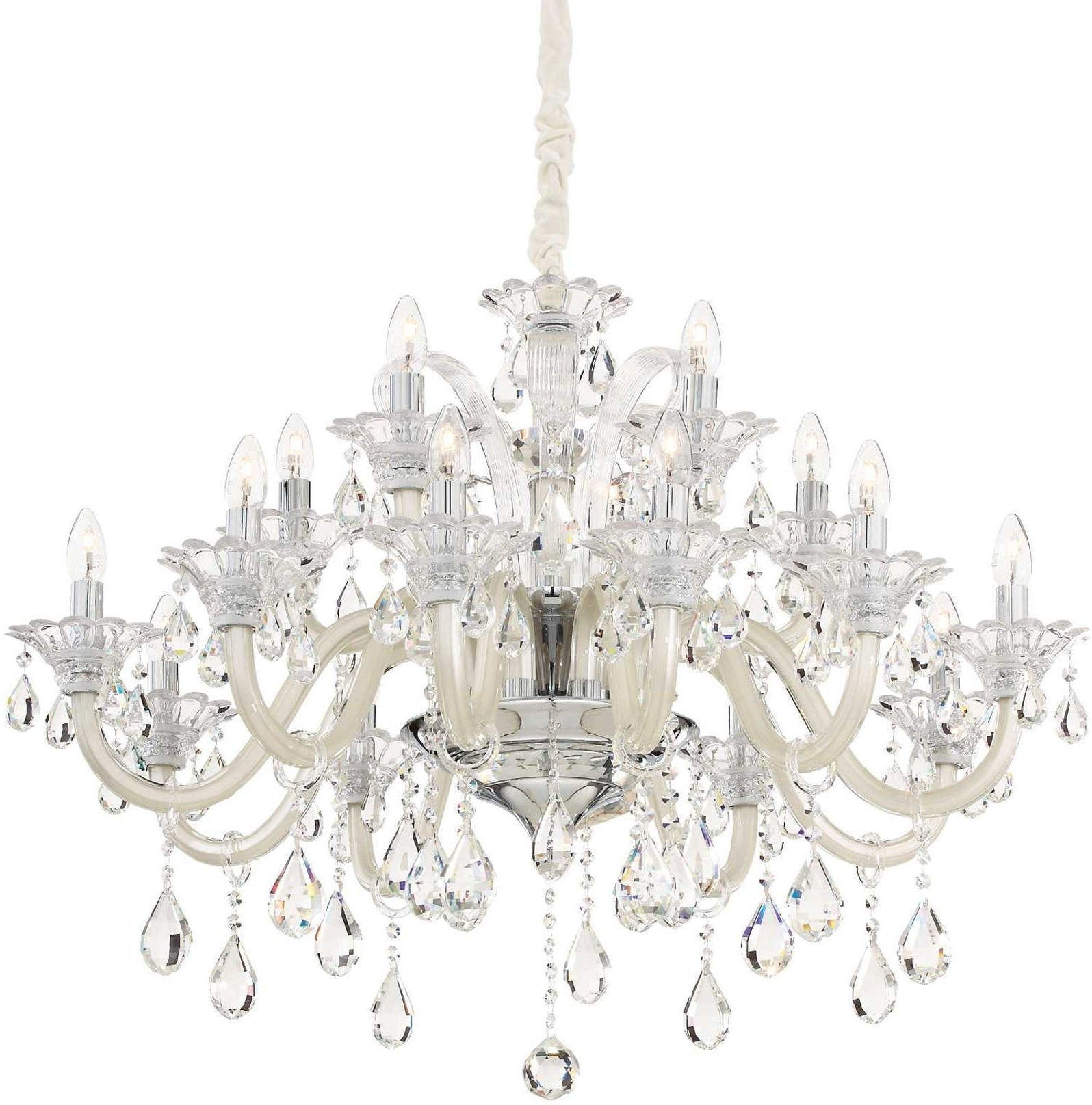 Pendellampe Ideal Lux Colossal Ø95 cm elfenben-krom med glitrende glasdråber og justerbar højde