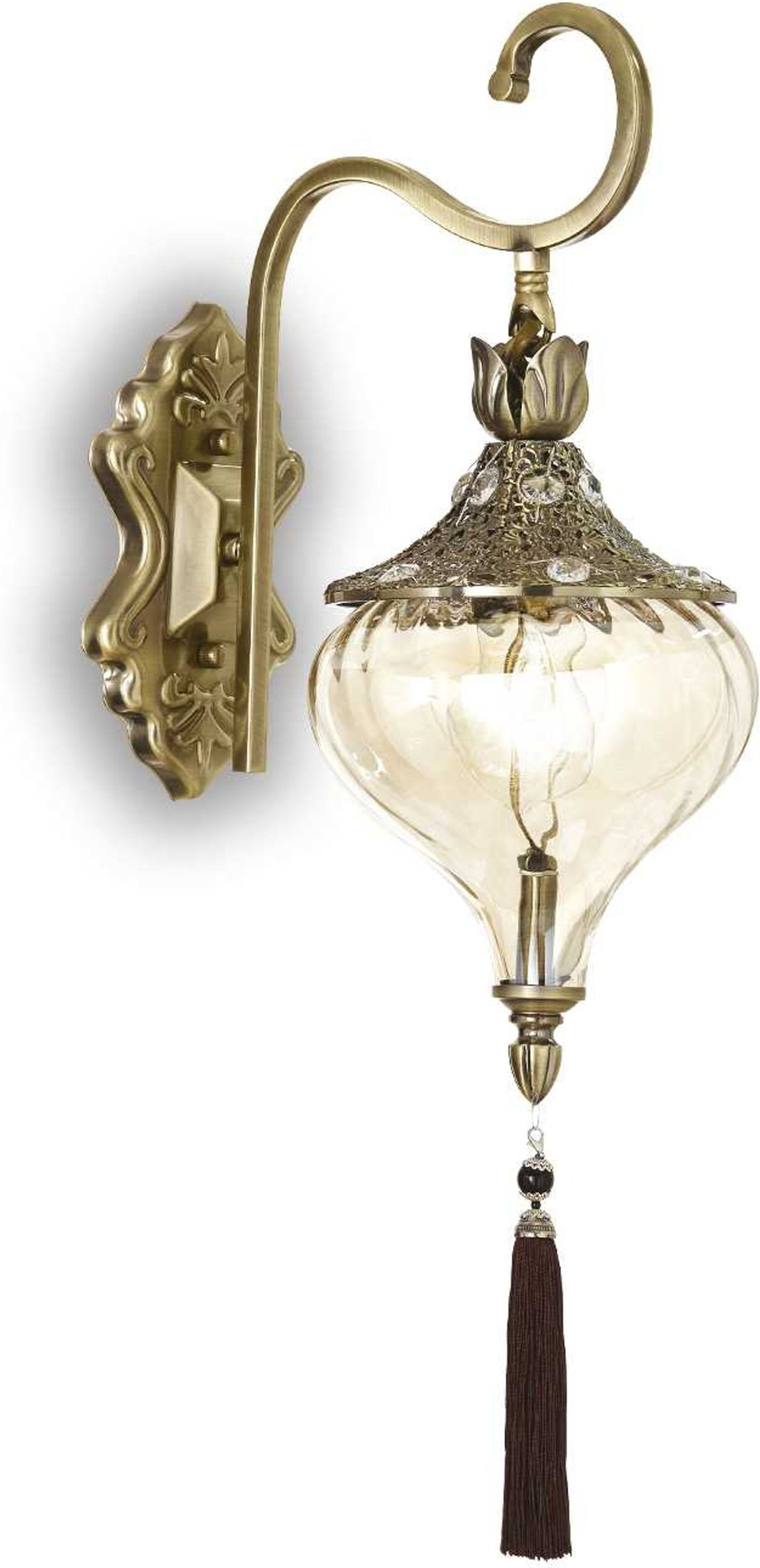Væglampe Ideal Lux Harem antik messing med krystaller, ravfarvet blæst glas Ø160 og kvast vedhæng