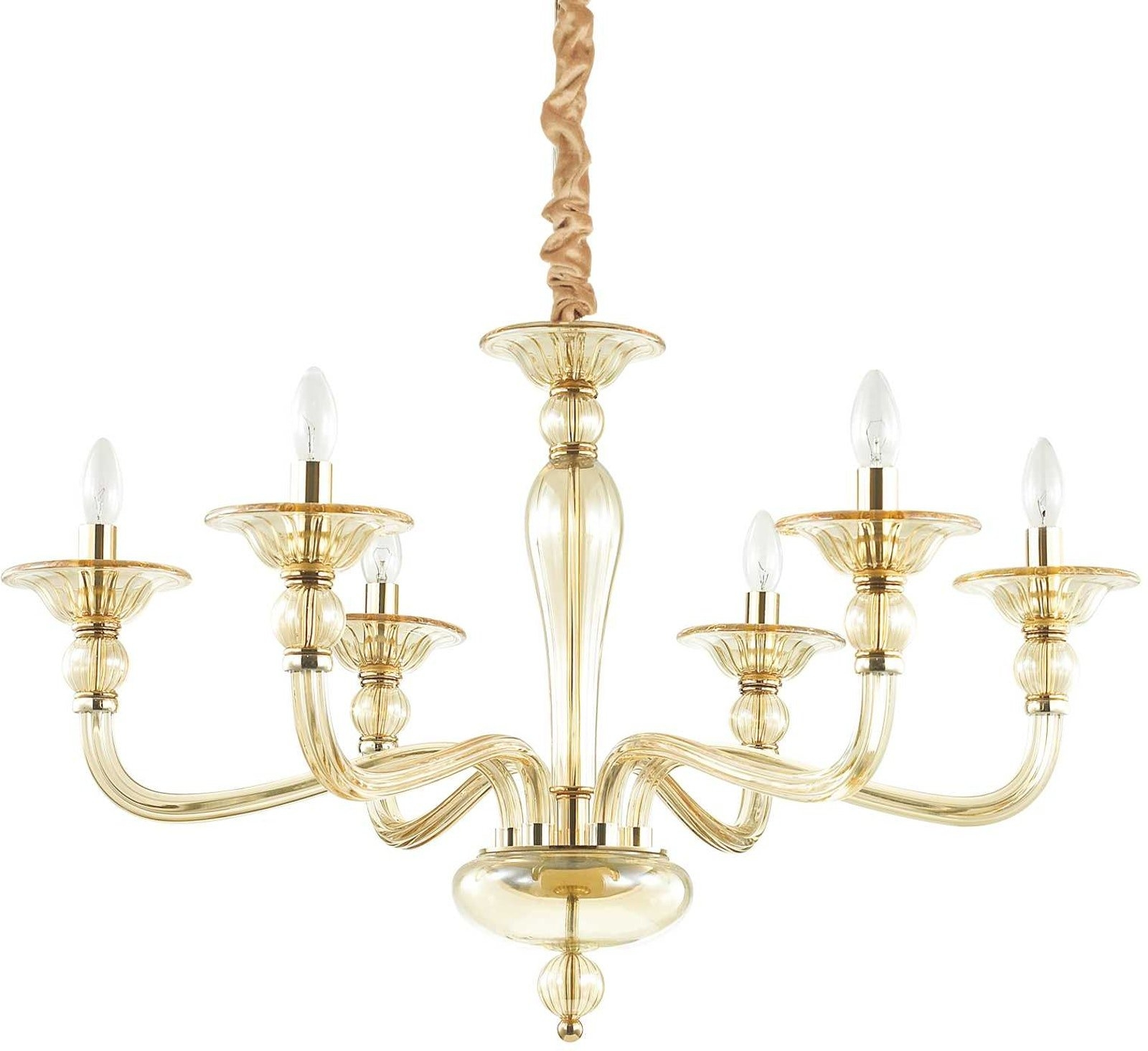 Pendellampe Ideal Lux Danieli Ø85 cm højde 70-170 cm ravfarvet blæst glas krom/guld ramme fløjlskæde