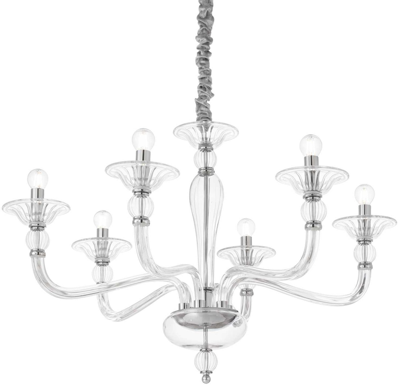 Pendel lampe Ideal Lux Danieli 6-armet glaspendel Ø85 cm, højdejusterbar 70-170 cm, gennemsigtig/krom