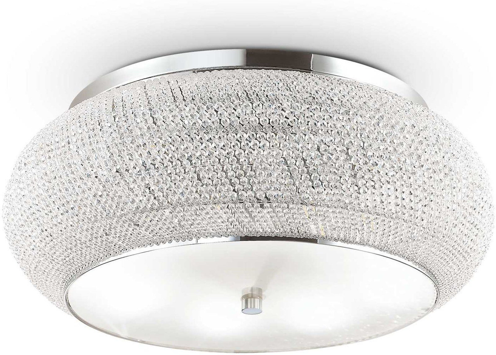Loftlampe Ideal Lux Pasha Ø65 cm krom med krystalperler og frostet glas