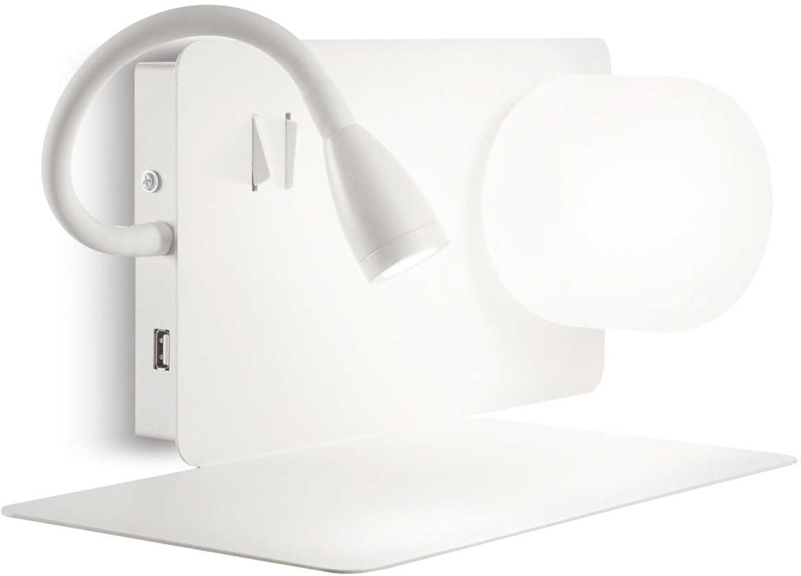 Væglampe med hylde Ideal Lux Book  -  hvid pulverlakeret metal, satinglas, justerbar LED 200 lm, integreret USB-stik