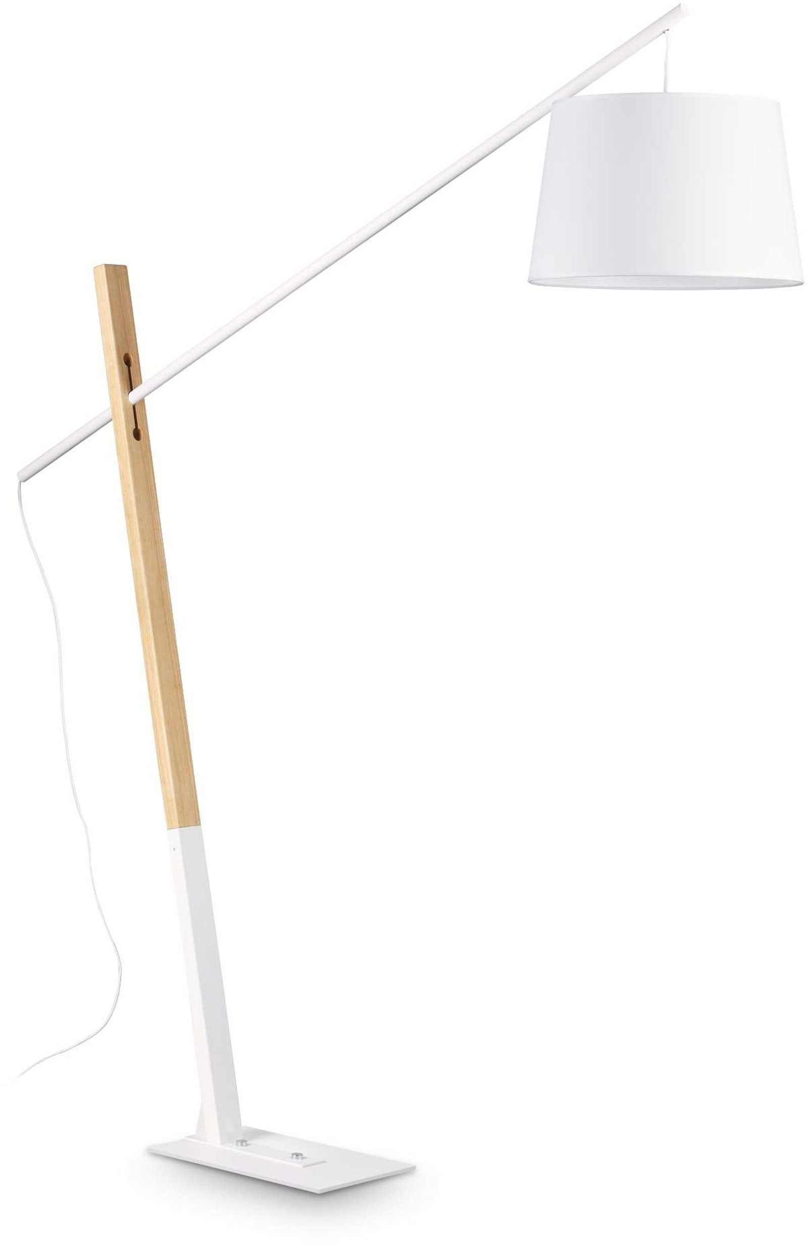 Gulvlampe Ideal Lux Eminent hvid med træstang og stofskærm Ø42 x H230 cm