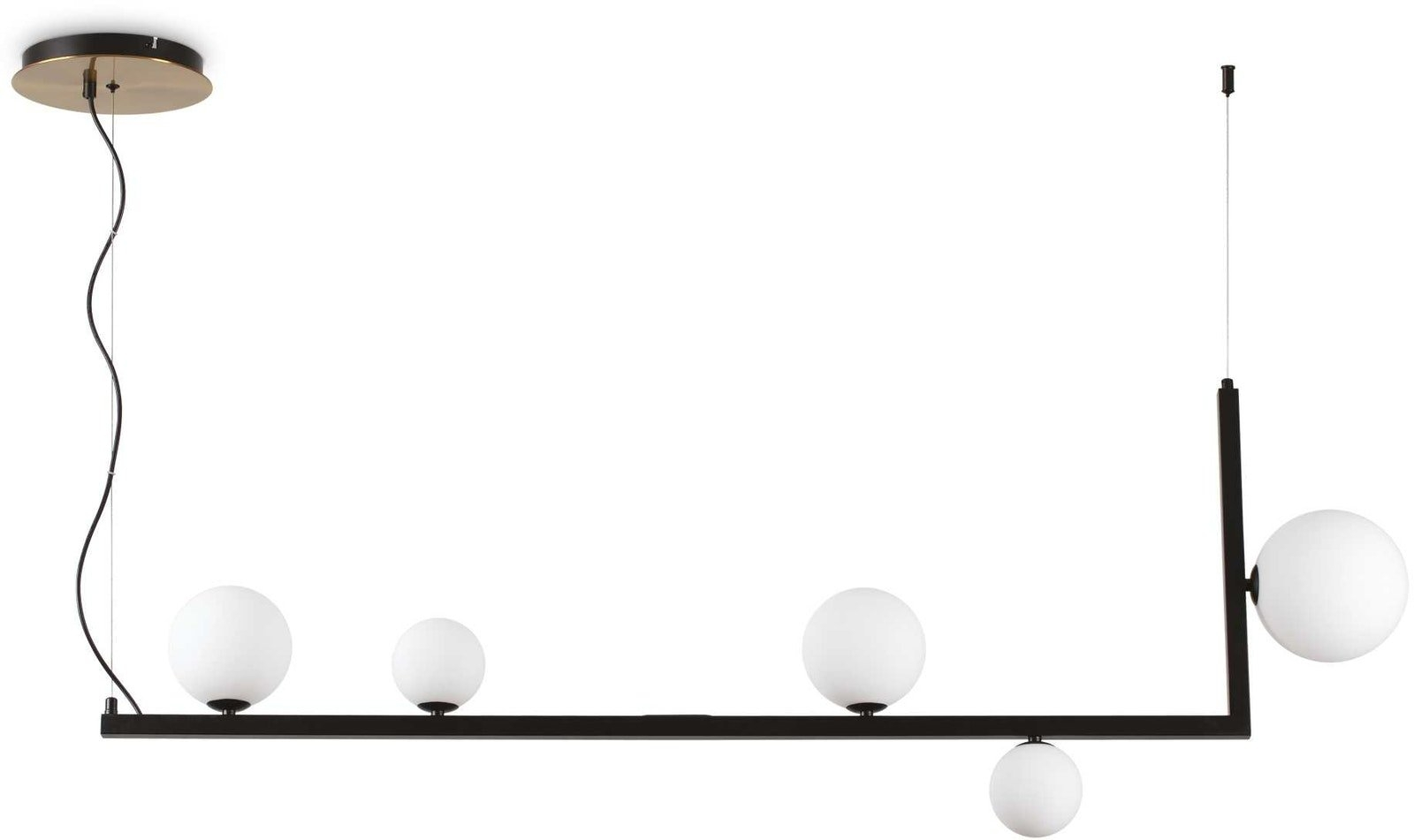 Pendellampe Ideal Lux Birds sort metal med satin messing og hvide glas, justérbar 51 - 160 cm