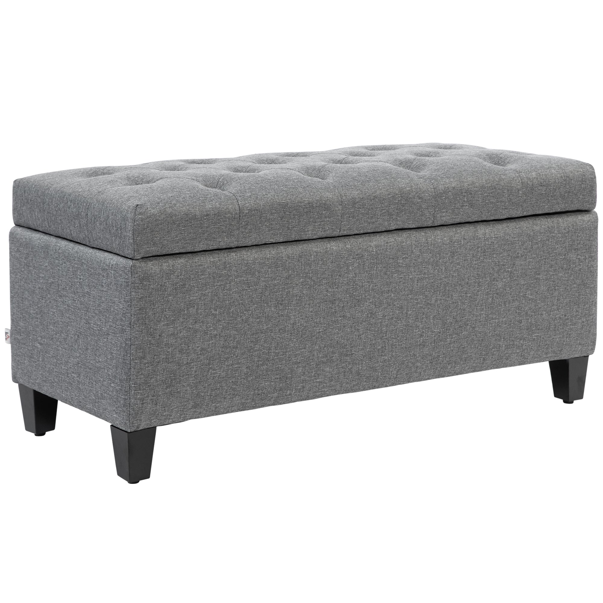 Bænk, polstret bænk med opbevaring, hørlignende polyester, gummitræ, 100 x 40 x 44 cm, lysegrå