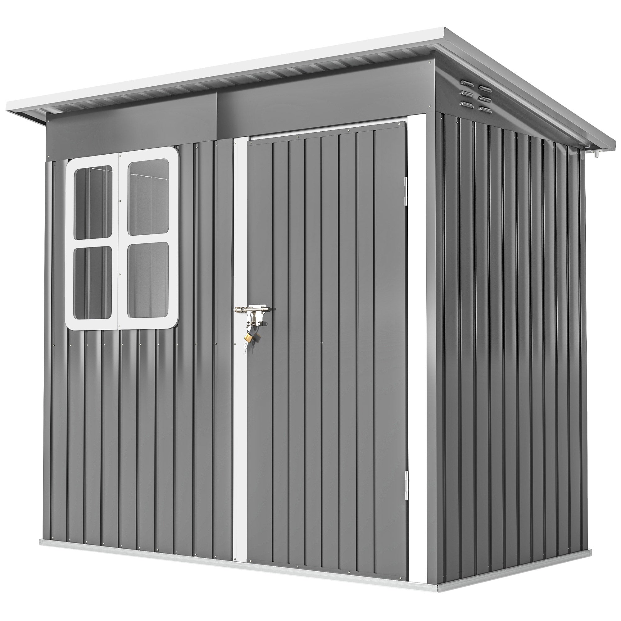 Haveskur, havehus med vindue, aflåselig dør, til have, terrasse, stål, 221l x 133b x 190h cm, grå