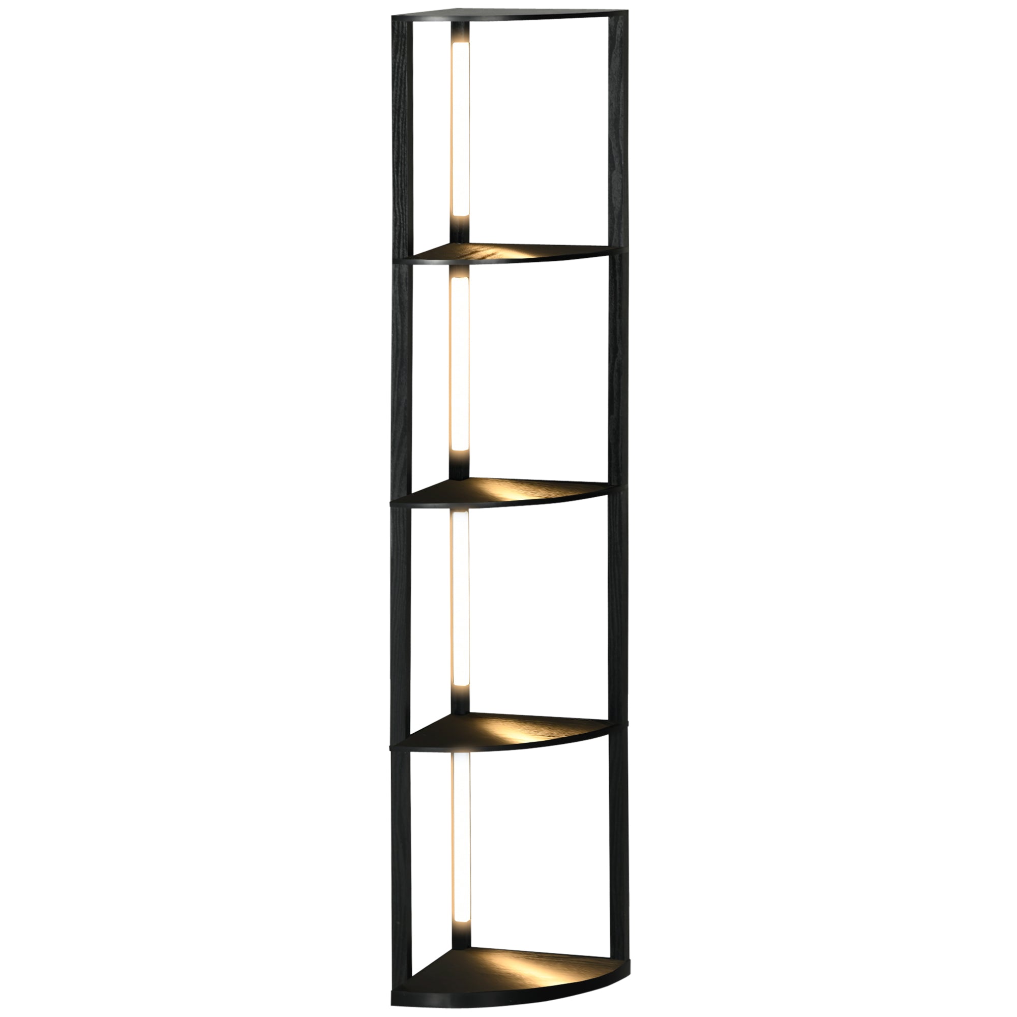 Led gulvlampe, hjørnehylde, dæmpbar, 4 hylder, varmt hvidt lys, 41 x 30 x 164 cm, sort