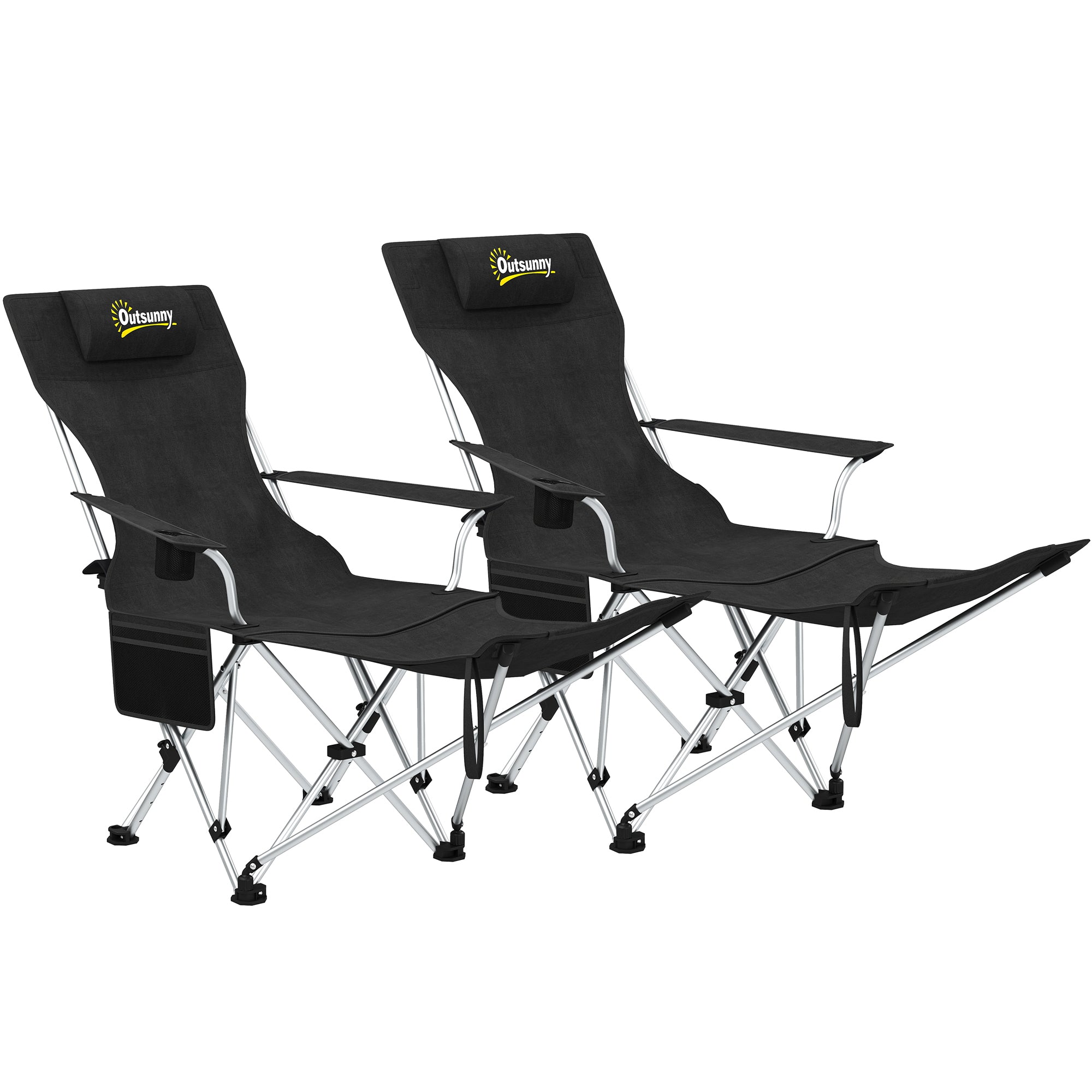 Sæt med 2 foldbare campingstole/fiskestole med aftagelig fodstøtte og kopholder, lasteevne 120 kg, sort