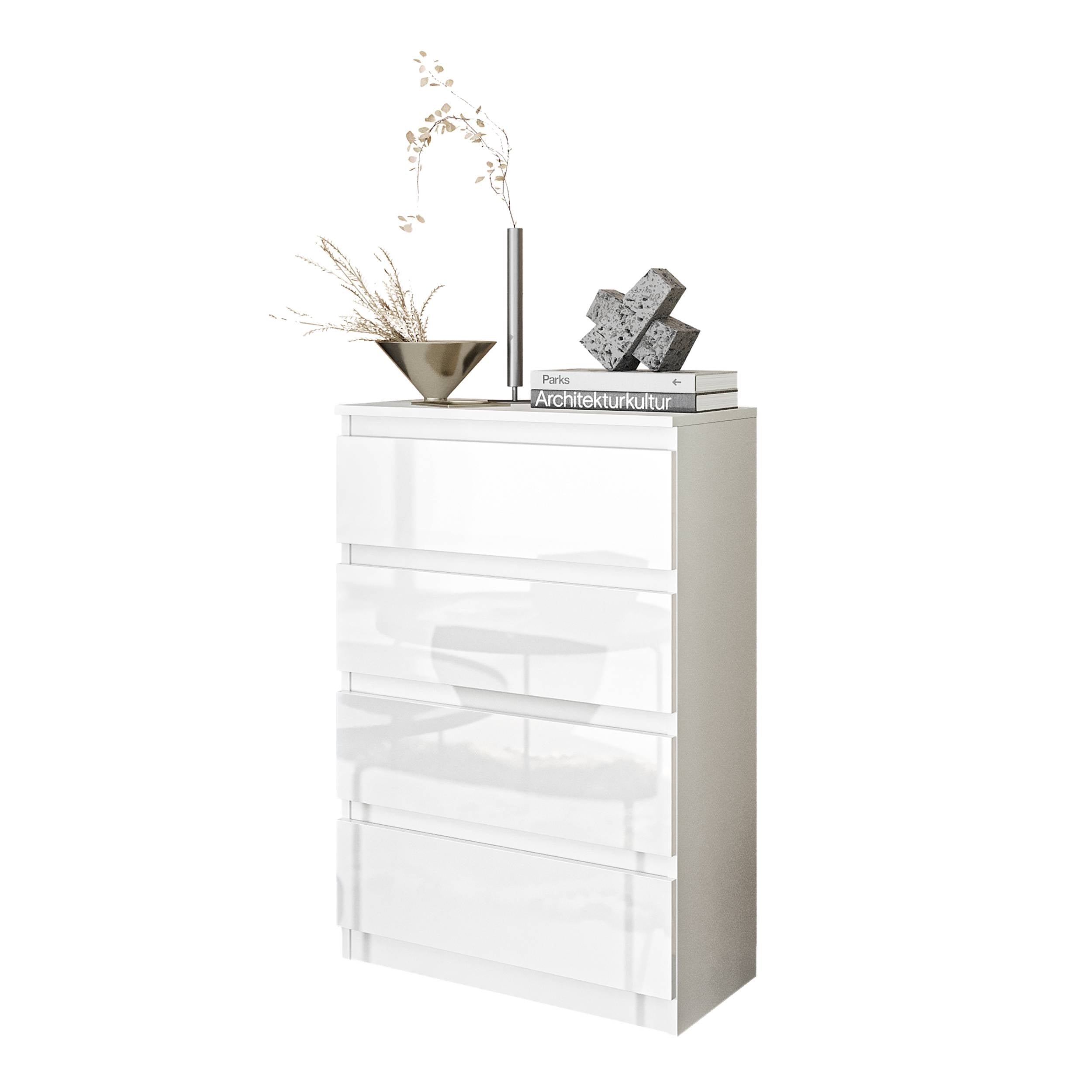 GABRIEL - Kommode / skænk med 4 skuffer - Hvid Mat / Hvid Højglans - H92cm B60cm D33cm