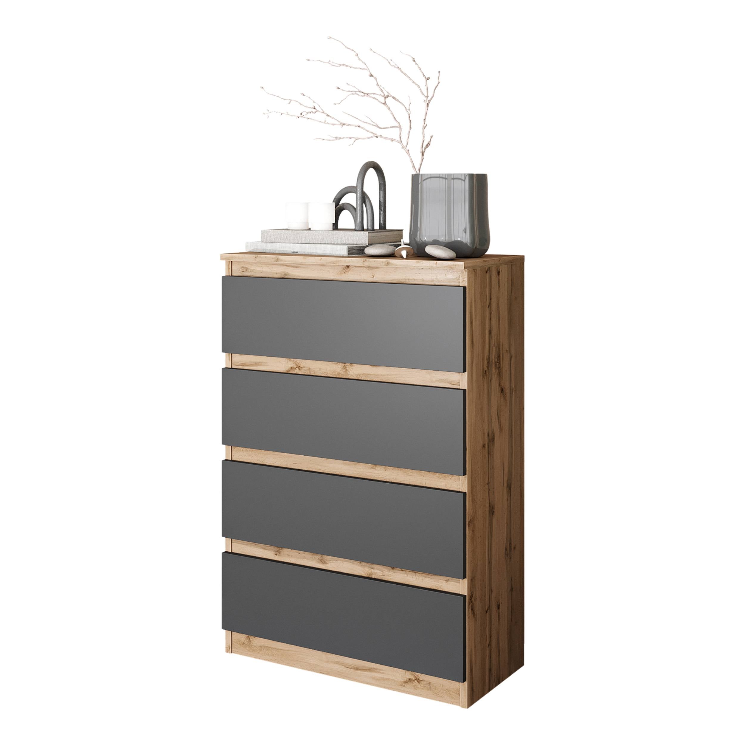 GABRIEL - Kommode / skænk med 4 skuffer - Wotan Eg / Antracit - H92cm B60cm D33cm