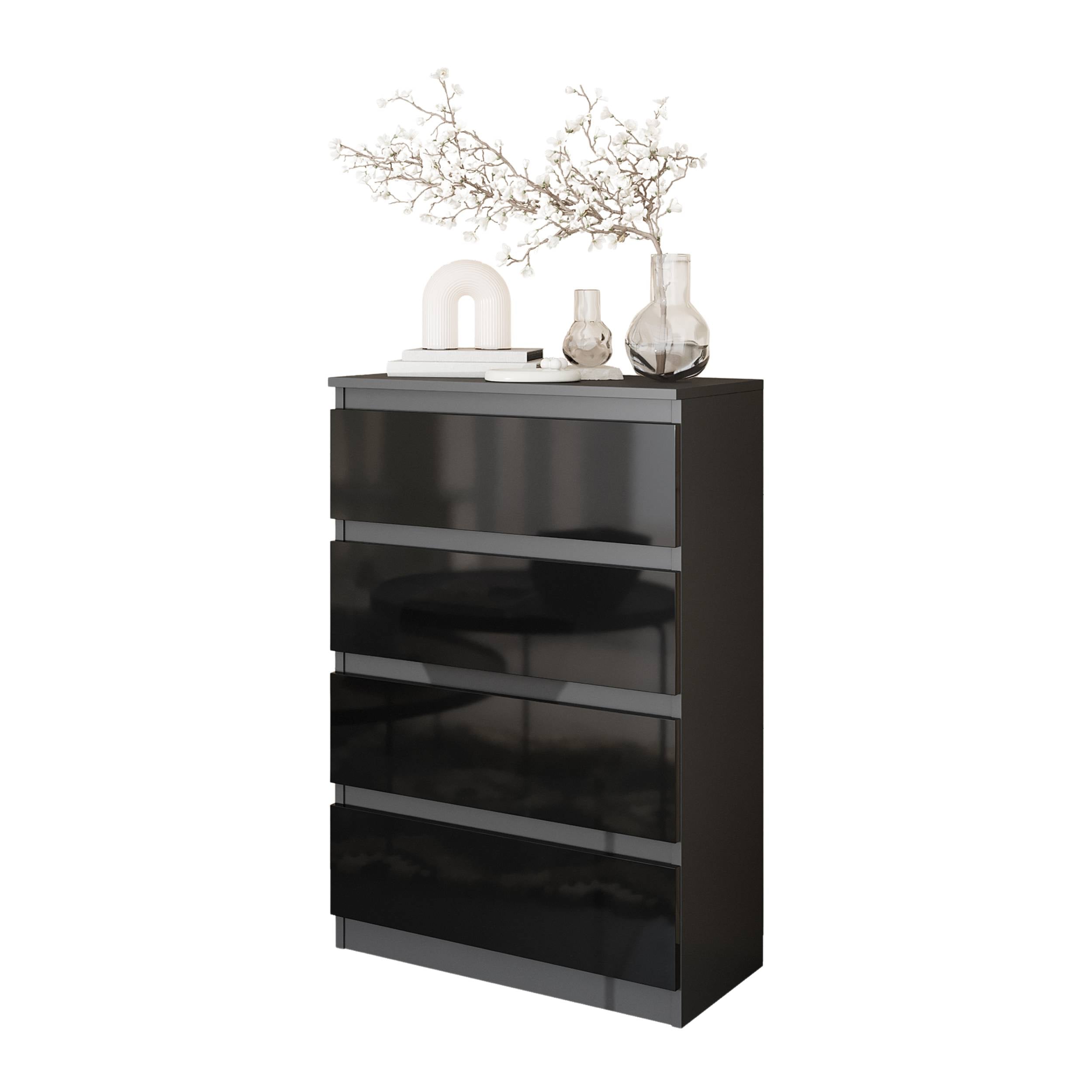 GABRIEL - Kommode / skænk med 4 skuffer - Antracit / Sort Højglans - H92cm B60cm D33cm