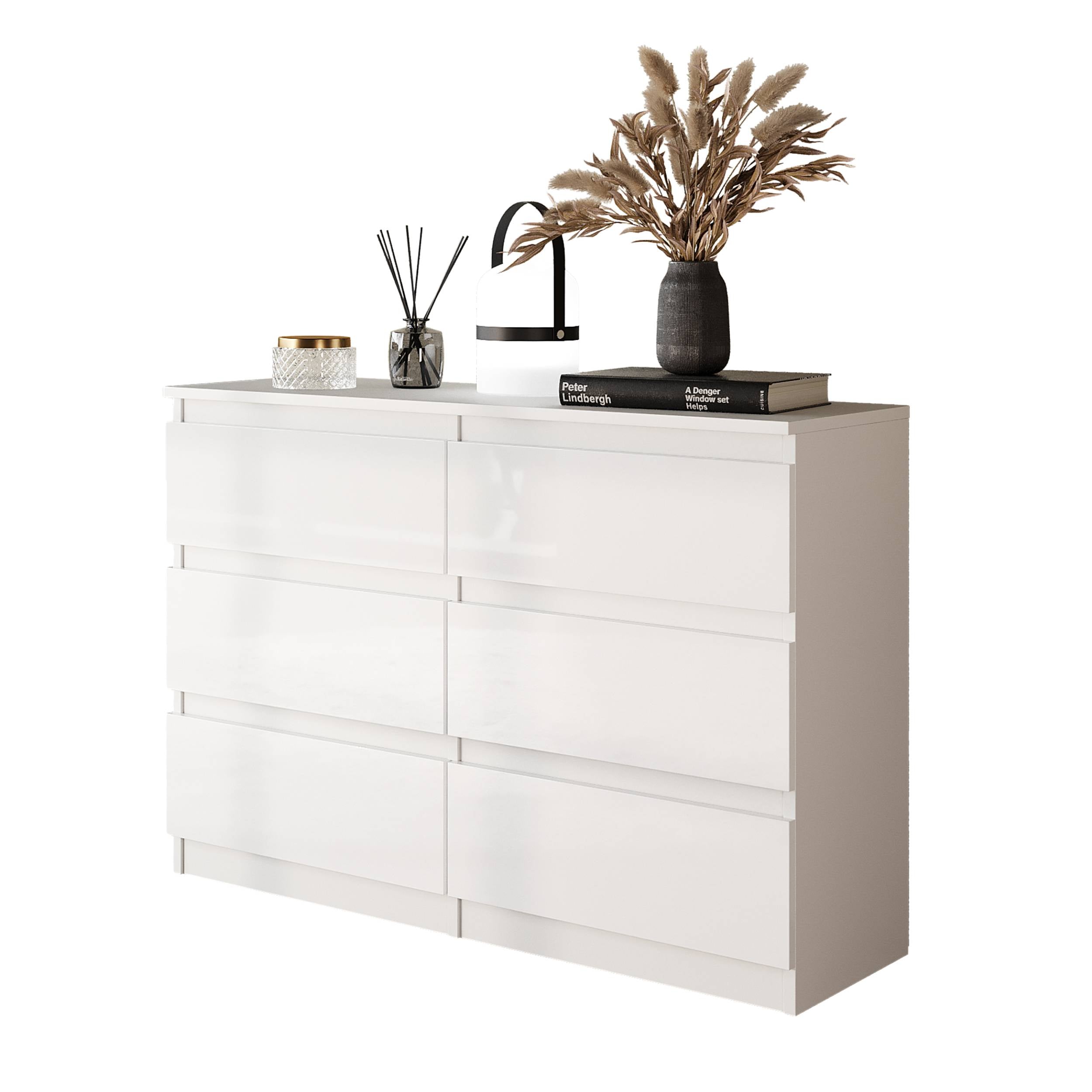 GABRIEL - Kommode / skænk med 6 skuffer - Hvid Mat / Hvid Højglans - H71cm B100cm D33cm