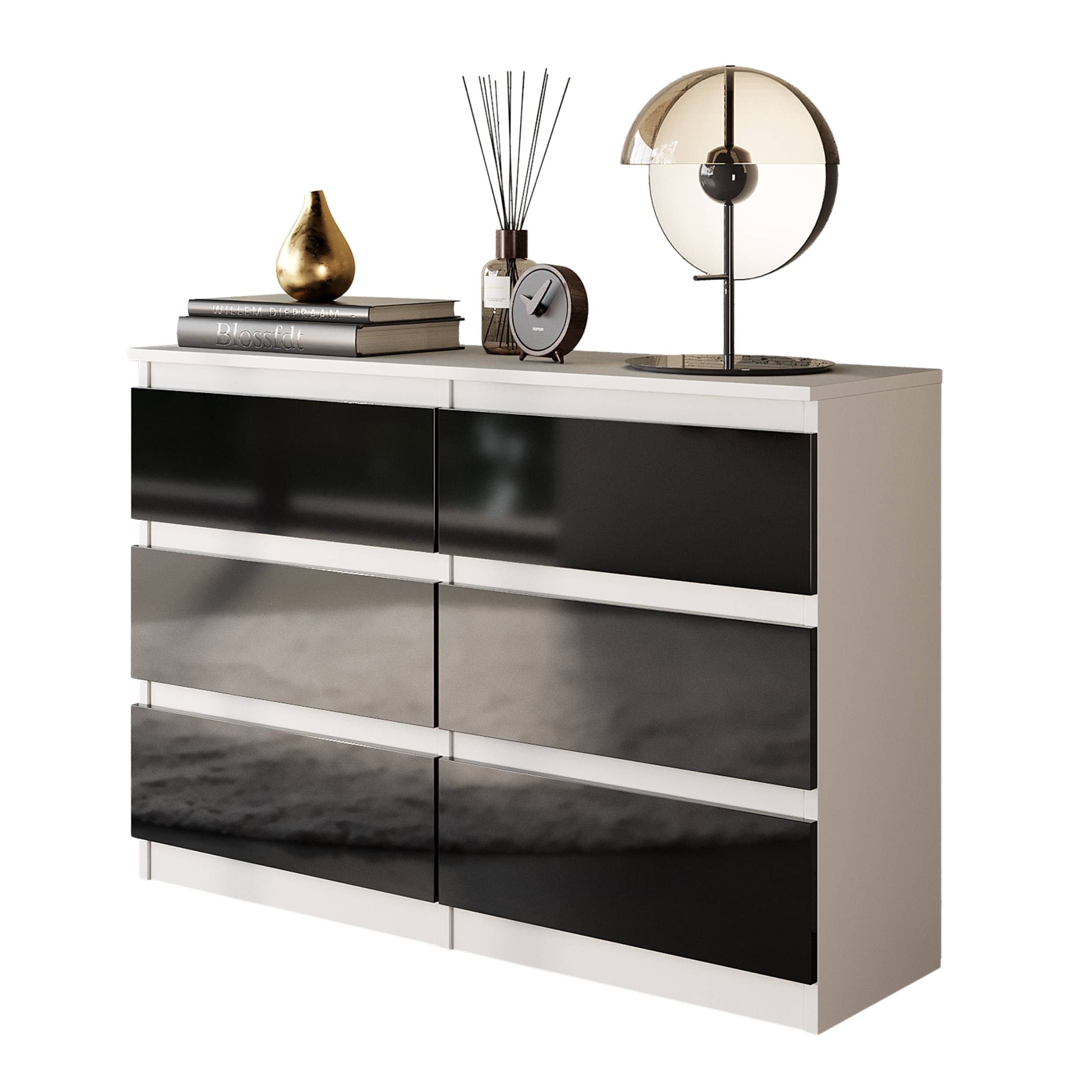 GABRIEL - Kommode / skænk med 6 skuffer - Hvid Mat / Sort Højglans H71cm B100cm D33cm